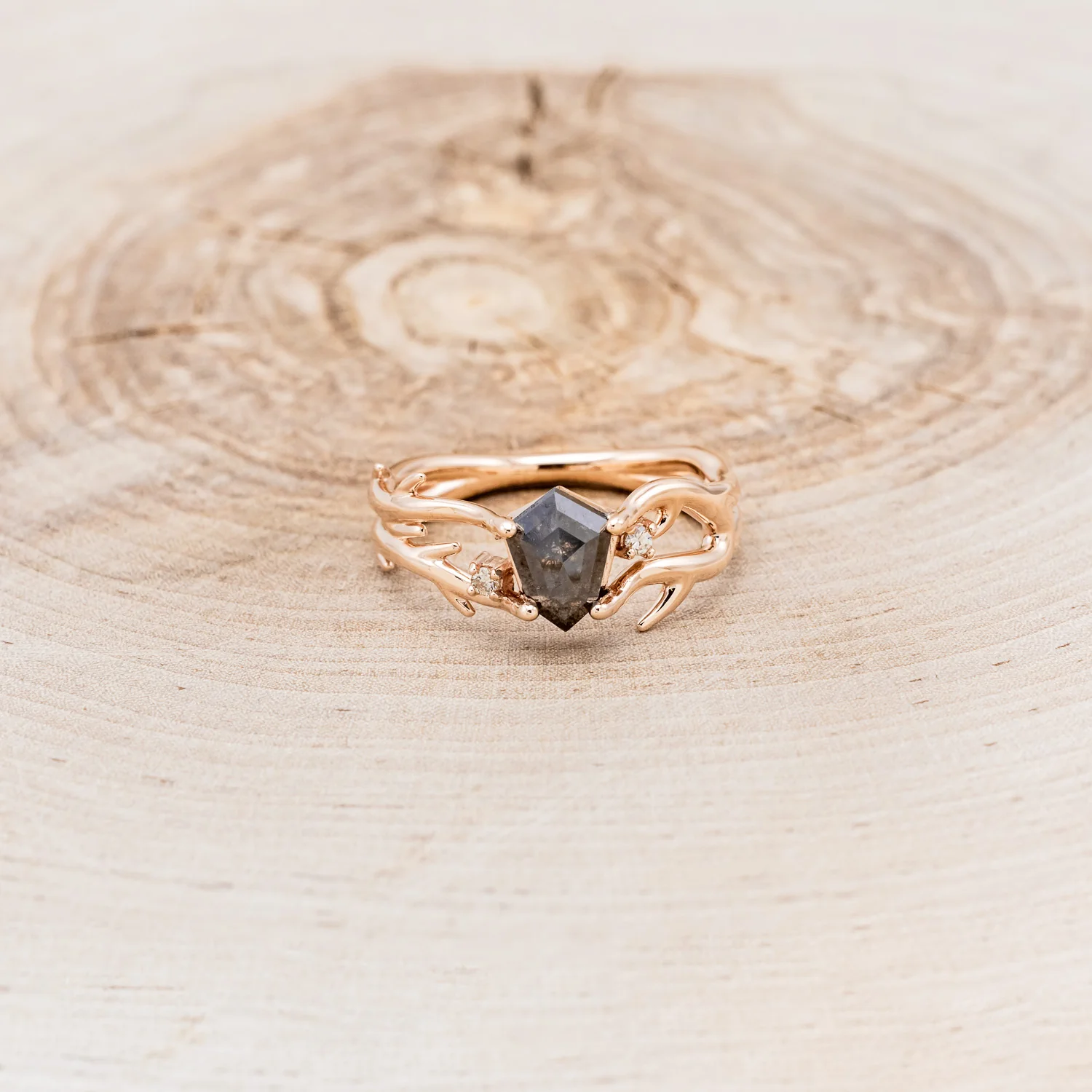 "ARTEMIS" - SHIELD ROSECUT SALT & PEPPER DIAMOND ENGAGEMENT RING WITH DIAMOND ACCENTS - Image 10