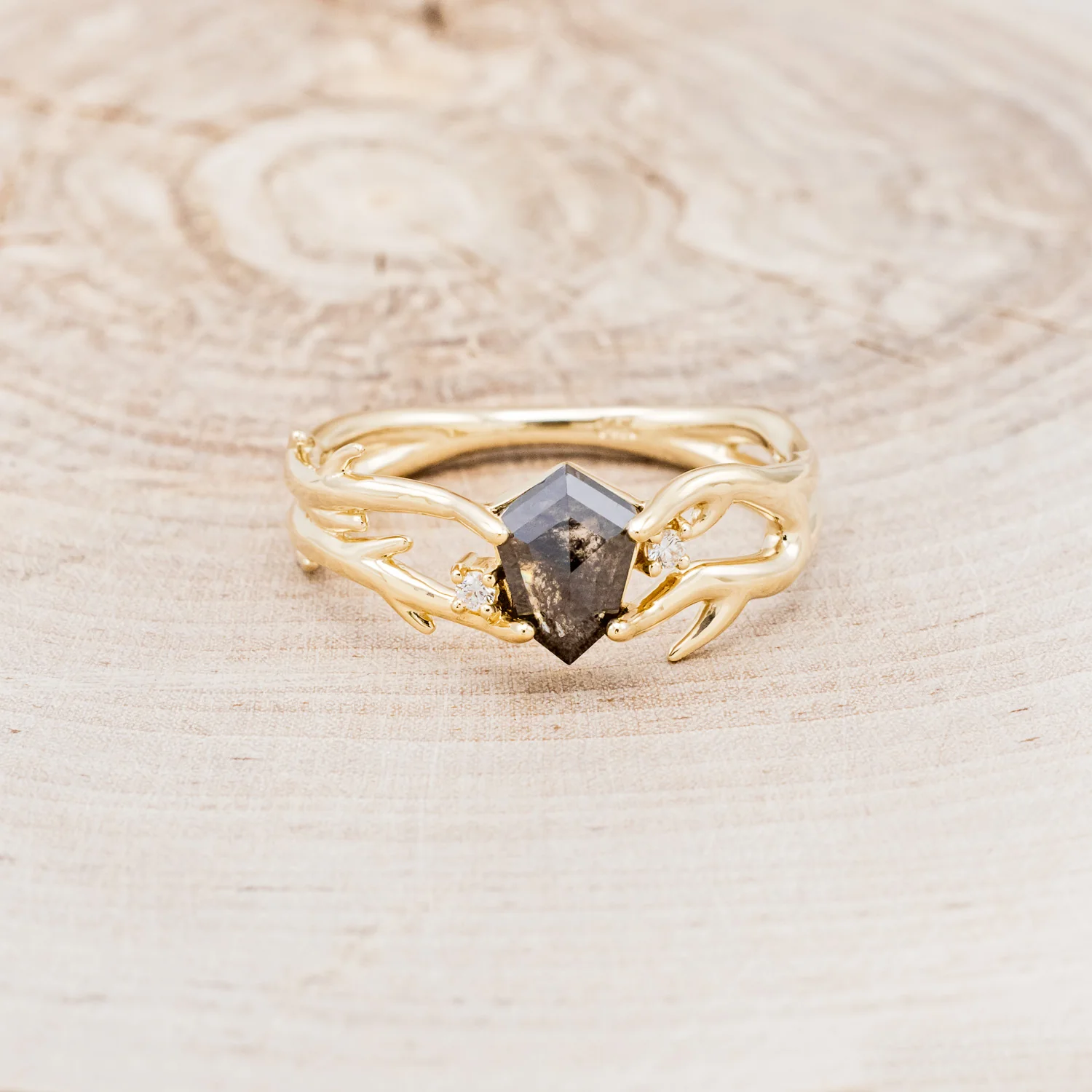 "ARTEMIS" - SHIELD ROSECUT SALT & PEPPER DIAMOND ENGAGEMENT RING WITH DIAMOND ACCENTS - Image 4