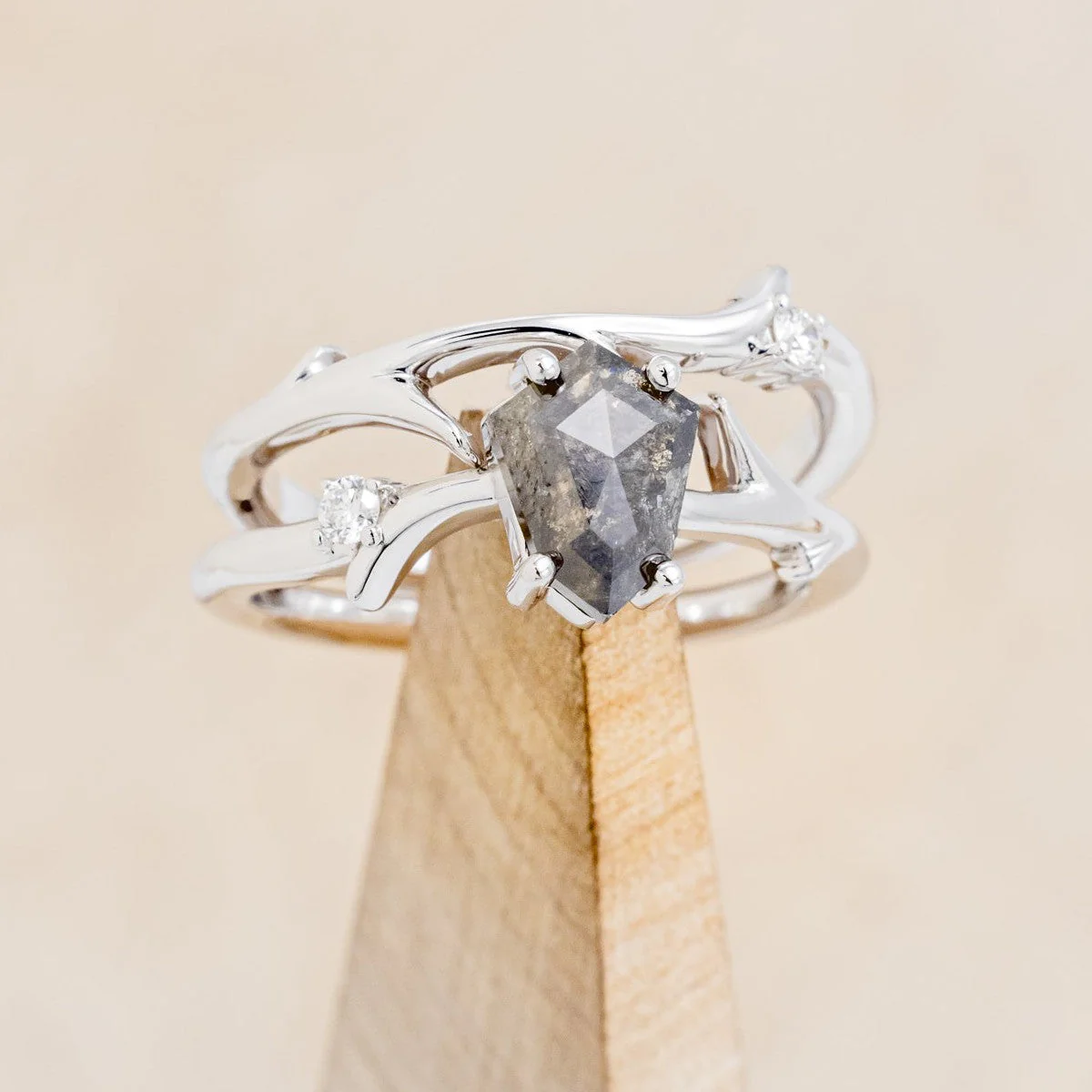 "ARTEMIS" - SHIELD ROSECUT SALT & PEPPER DIAMOND ENGAGEMENT RING WITH DIAMOND ACCENTS & STACKING BAND - Image 5