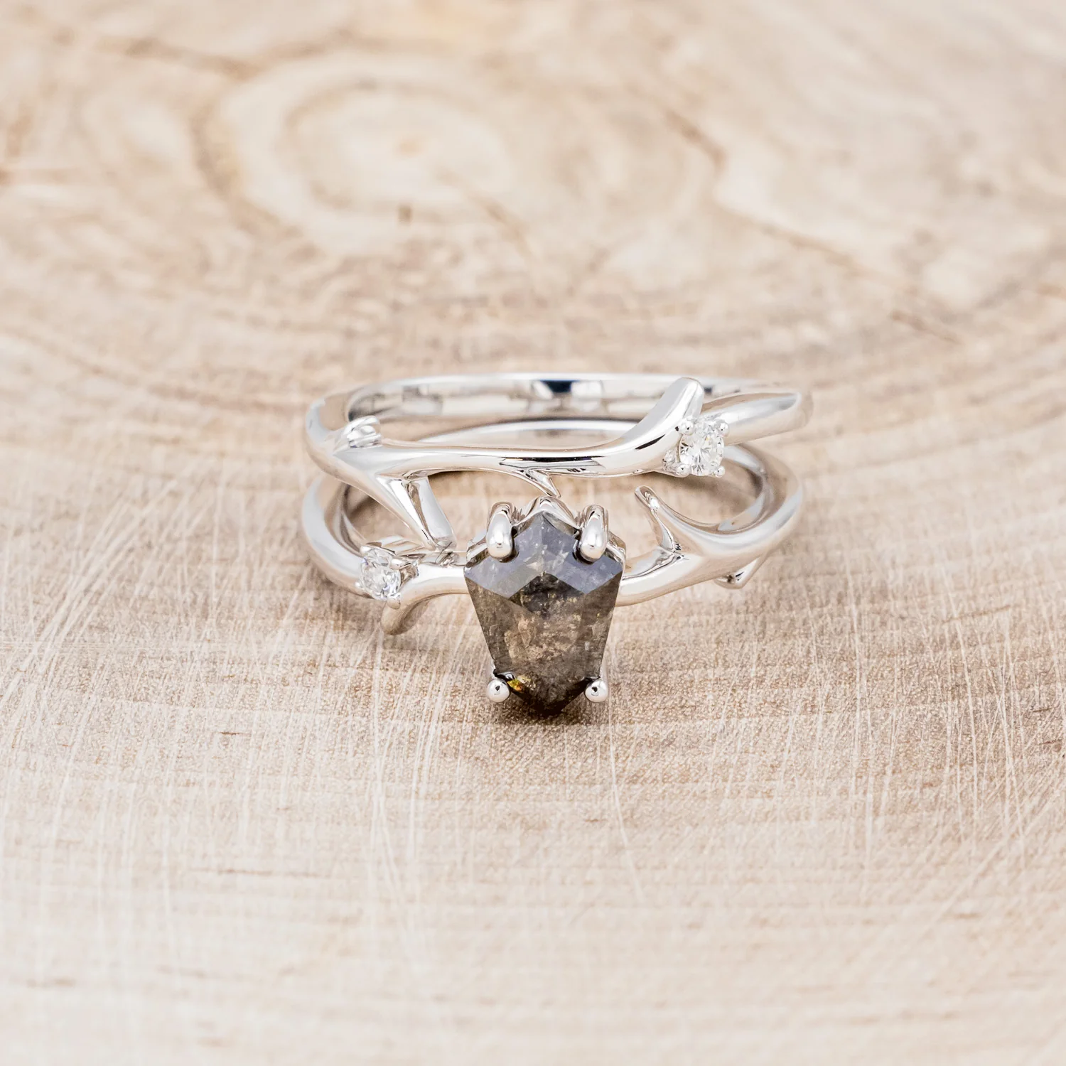 "ARTEMIS" - SHIELD ROSECUT SALT & PEPPER DIAMOND ENGAGEMENT RING WITH DIAMOND ACCENTS & STACKING BAND - Image 8
