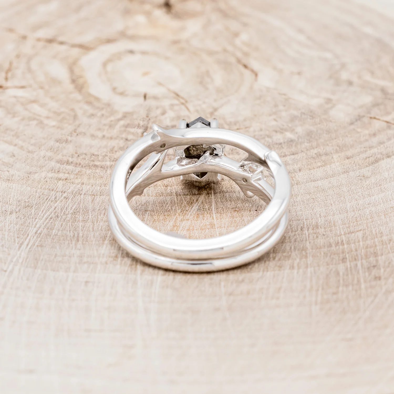 "ARTEMIS" - SHIELD ROSECUT SALT & PEPPER DIAMOND ENGAGEMENT RING WITH DIAMOND ACCENTS & STACKING BAND - Image 9