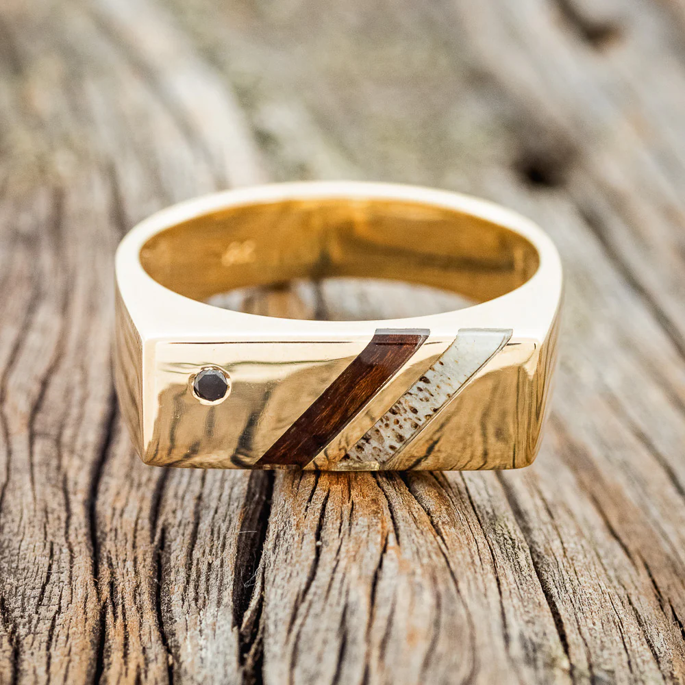 BLACK DIAMOND, IRONWOOD & ELK ANTLER 14K GOLD WEDDING RING - Image 3