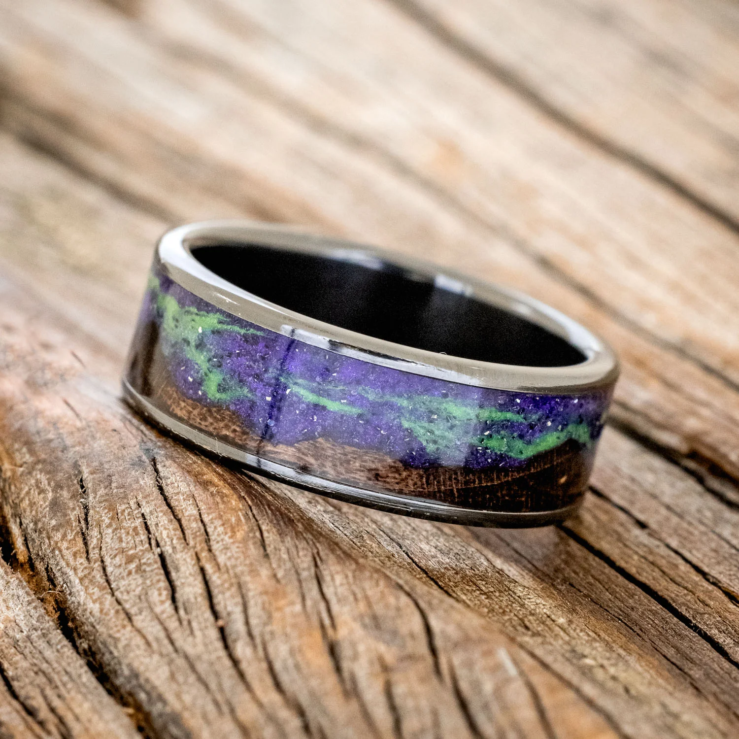 "BOREALIS" - MOUNTAIN ENGRAVED WEDDING RING WITH DARK MAPLE WOOD & GLOW IN THE DARK NORTHERN LIGHTS - Image 11