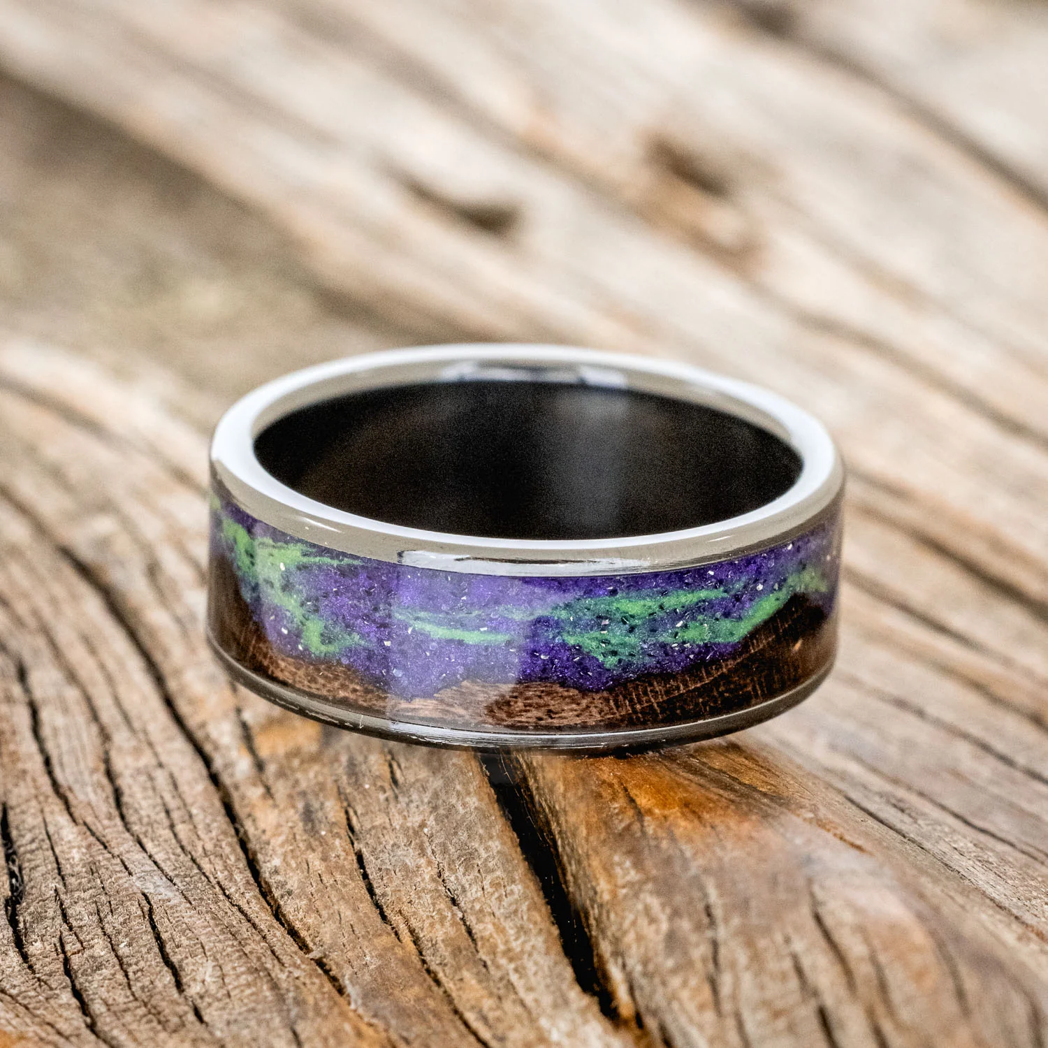 "BOREALIS" - MOUNTAIN ENGRAVED WEDDING RING WITH DARK MAPLE WOOD & GLOW IN THE DARK NORTHERN LIGHTS - Image 12