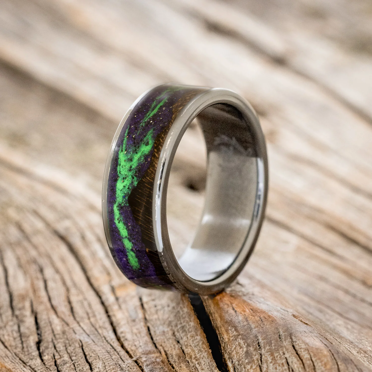 "BOREALIS" - MOUNTAIN ENGRAVED WEDDING RING WITH DARK MAPLE WOOD & GLOW IN THE DARK NORTHERN LIGHTS - Image 13