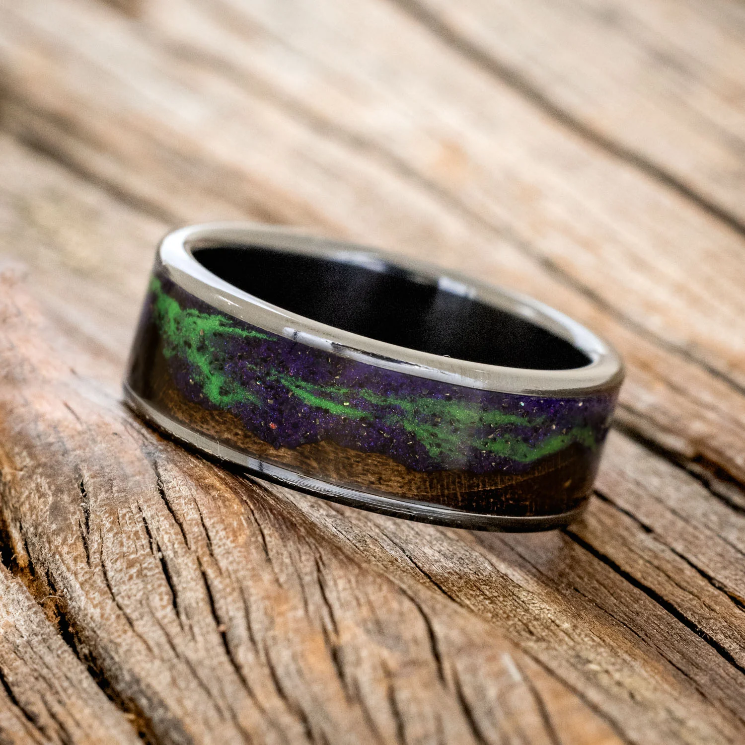 "BOREALIS" - MOUNTAIN ENGRAVED WEDDING RING WITH DARK MAPLE WOOD & GLOW IN THE DARK NORTHERN LIGHTS - Image 14