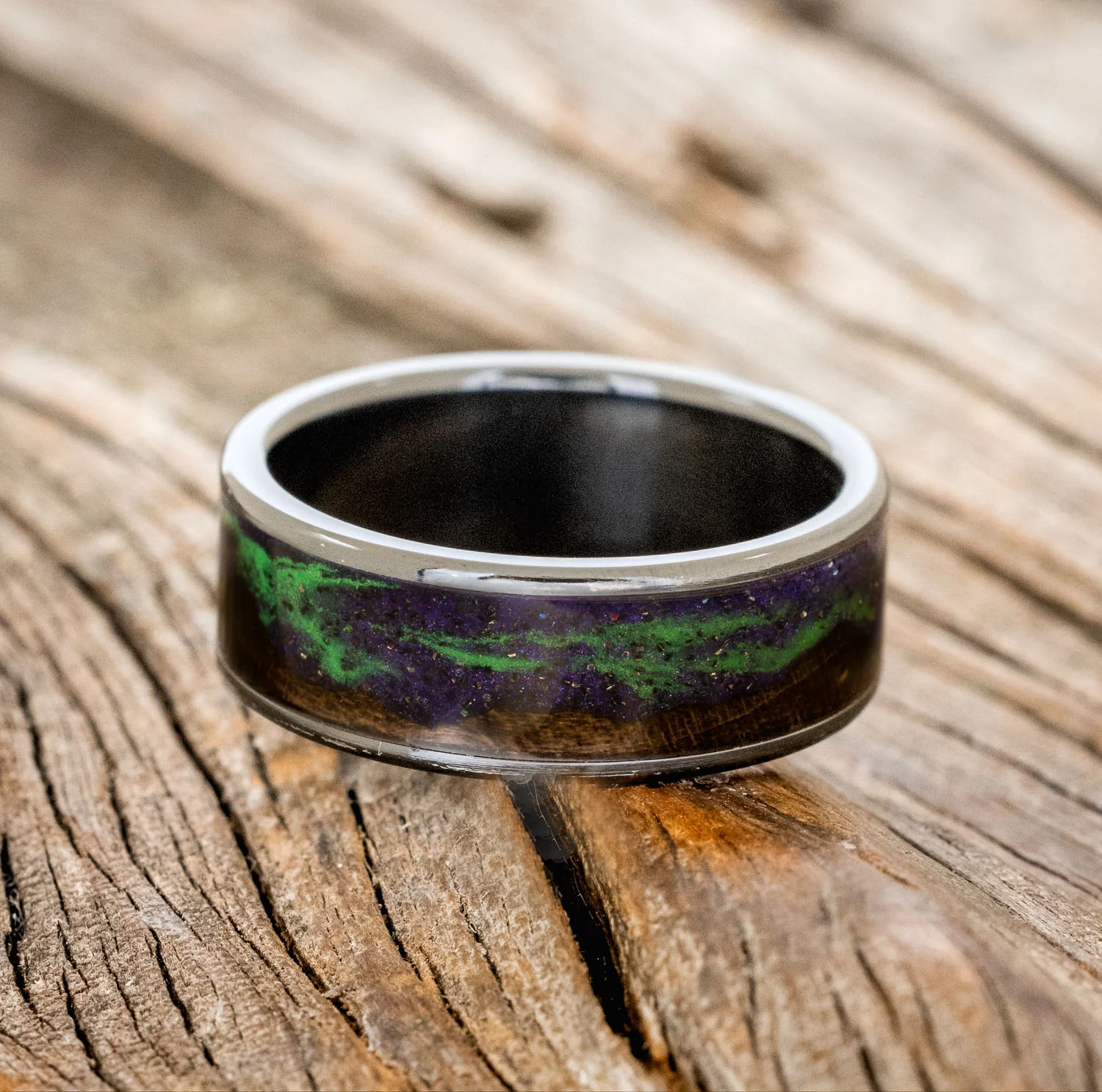 "BOREALIS" - MOUNTAIN ENGRAVED WEDDING RING WITH DARK MAPLE WOOD & GLOW IN THE DARK NORTHERN LIGHTS - Image 15