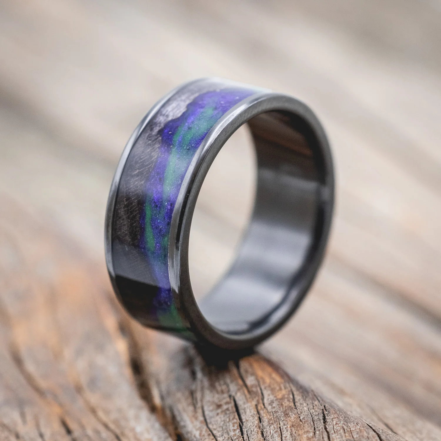 "BOREALIS" - MOUNTAIN ENGRAVED WEDDING RING WITH DARK MAPLE WOOD & GLOW IN THE DARK NORTHERN LIGHTS - Image 16