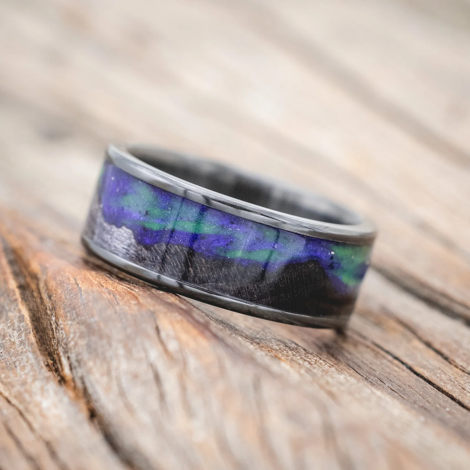 "BOREALIS" - MOUNTAIN ENGRAVED WEDDING RING WITH DARK MAPLE WOOD & GLOW IN THE DARK NORTHERN LIGHTS - Image 17