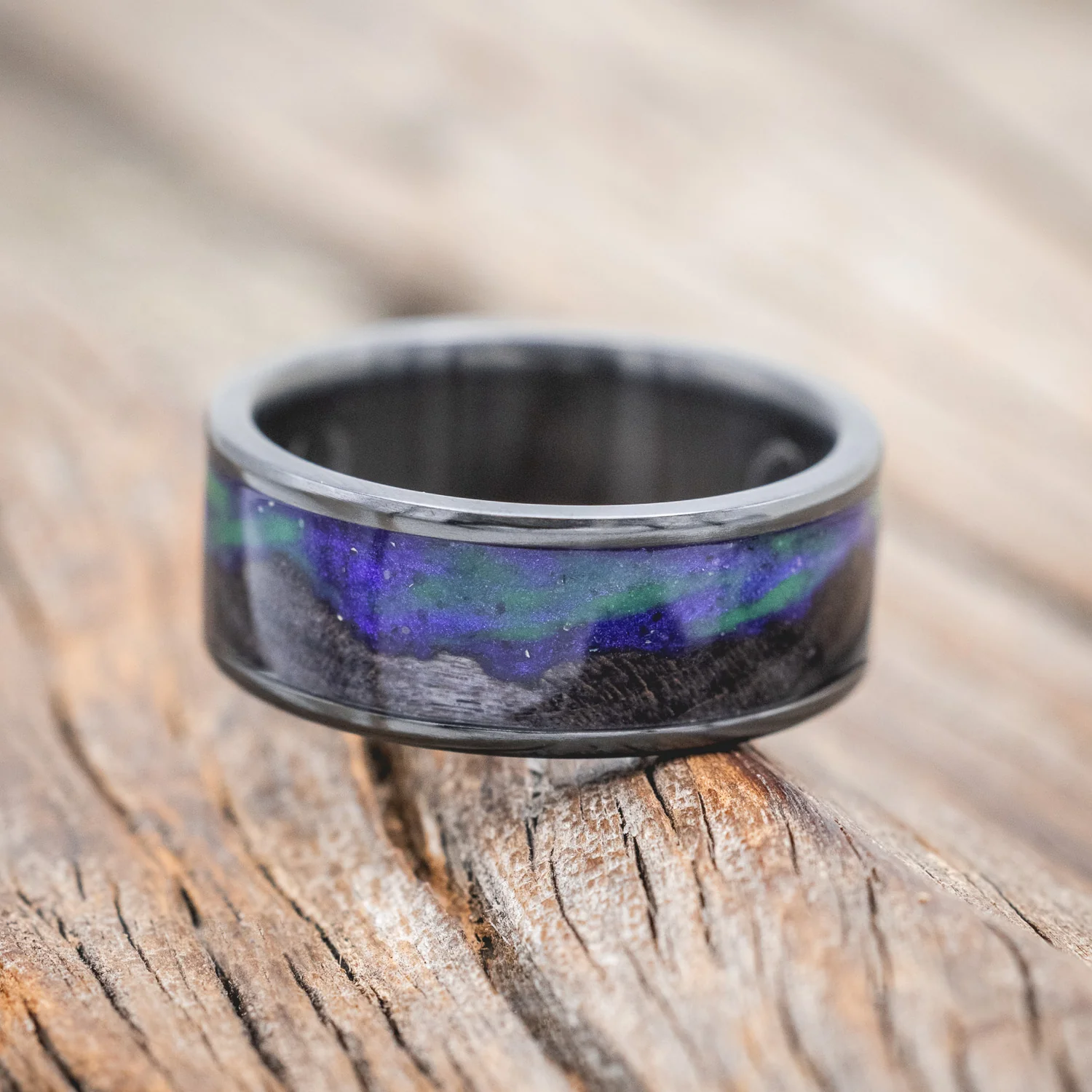 "BOREALIS" - MOUNTAIN ENGRAVED WEDDING RING WITH DARK MAPLE WOOD & GLOW IN THE DARK NORTHERN LIGHTS - Image 18