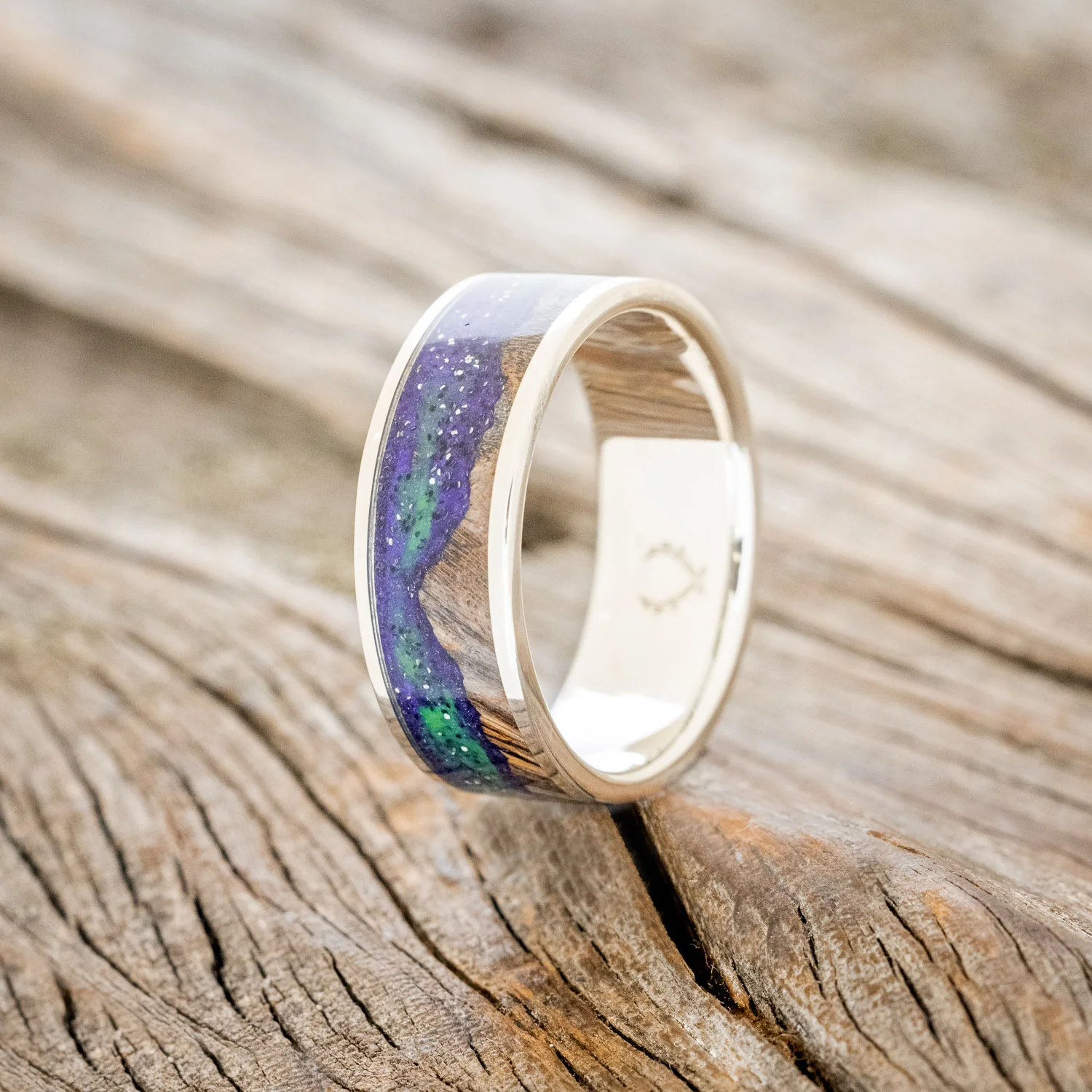 "BOREALIS" - MOUNTAIN ENGRAVED WEDDING RING WITH DARK MAPLE WOOD & GLOW IN THE DARK NORTHERN LIGHTS - Image 19