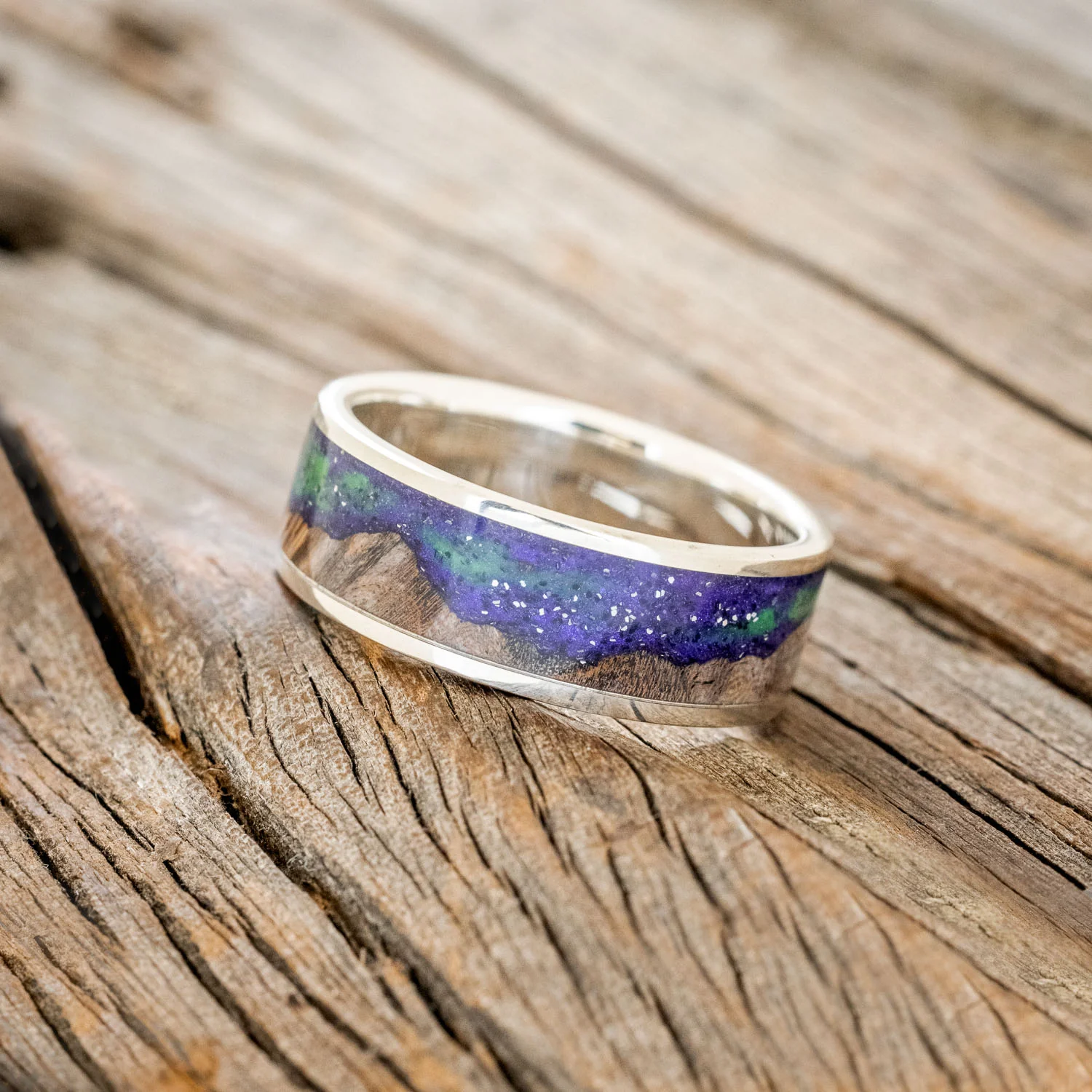 "BOREALIS" - MOUNTAIN ENGRAVED WEDDING RING WITH DARK MAPLE WOOD & GLOW IN THE DARK NORTHERN LIGHTS - Image 20