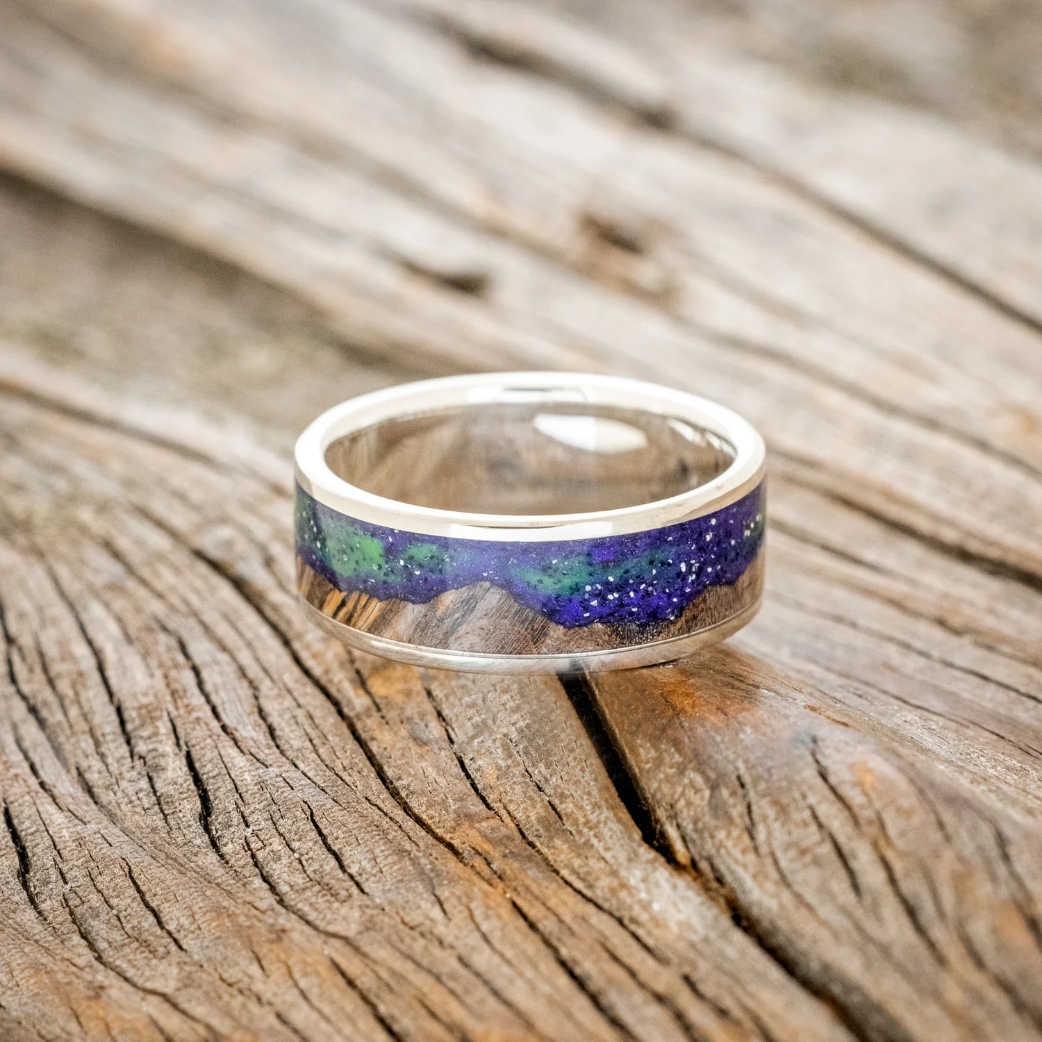 "BOREALIS" - MOUNTAIN ENGRAVED WEDDING RING WITH DARK MAPLE WOOD & GLOW IN THE DARK NORTHERN LIGHTS - Image 21