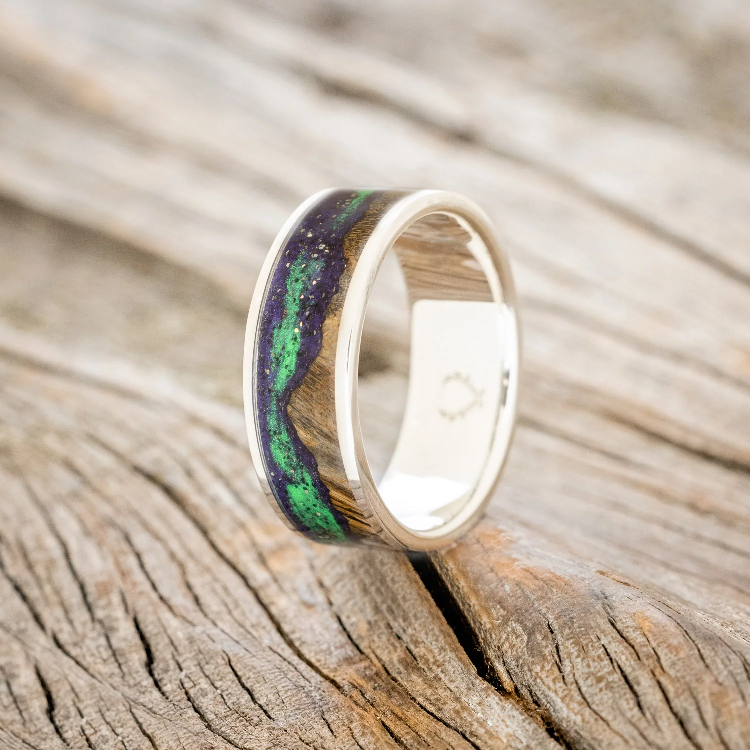 "BOREALIS" - MOUNTAIN ENGRAVED WEDDING RING WITH DARK MAPLE WOOD & GLOW IN THE DARK NORTHERN LIGHTS - Image 22
