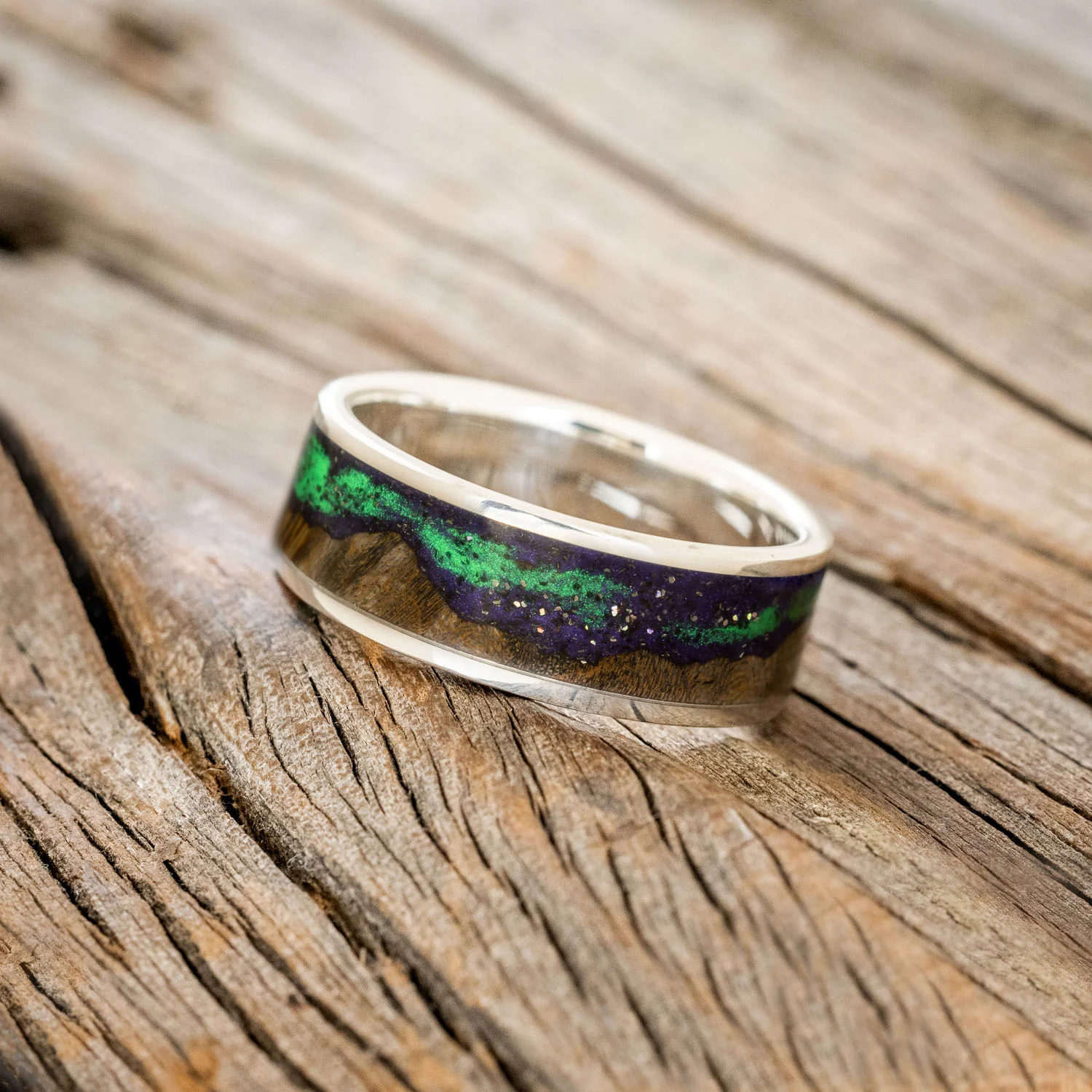 "BOREALIS" - MOUNTAIN ENGRAVED WEDDING RING WITH DARK MAPLE WOOD & GLOW IN THE DARK NORTHERN LIGHTS - Image 23