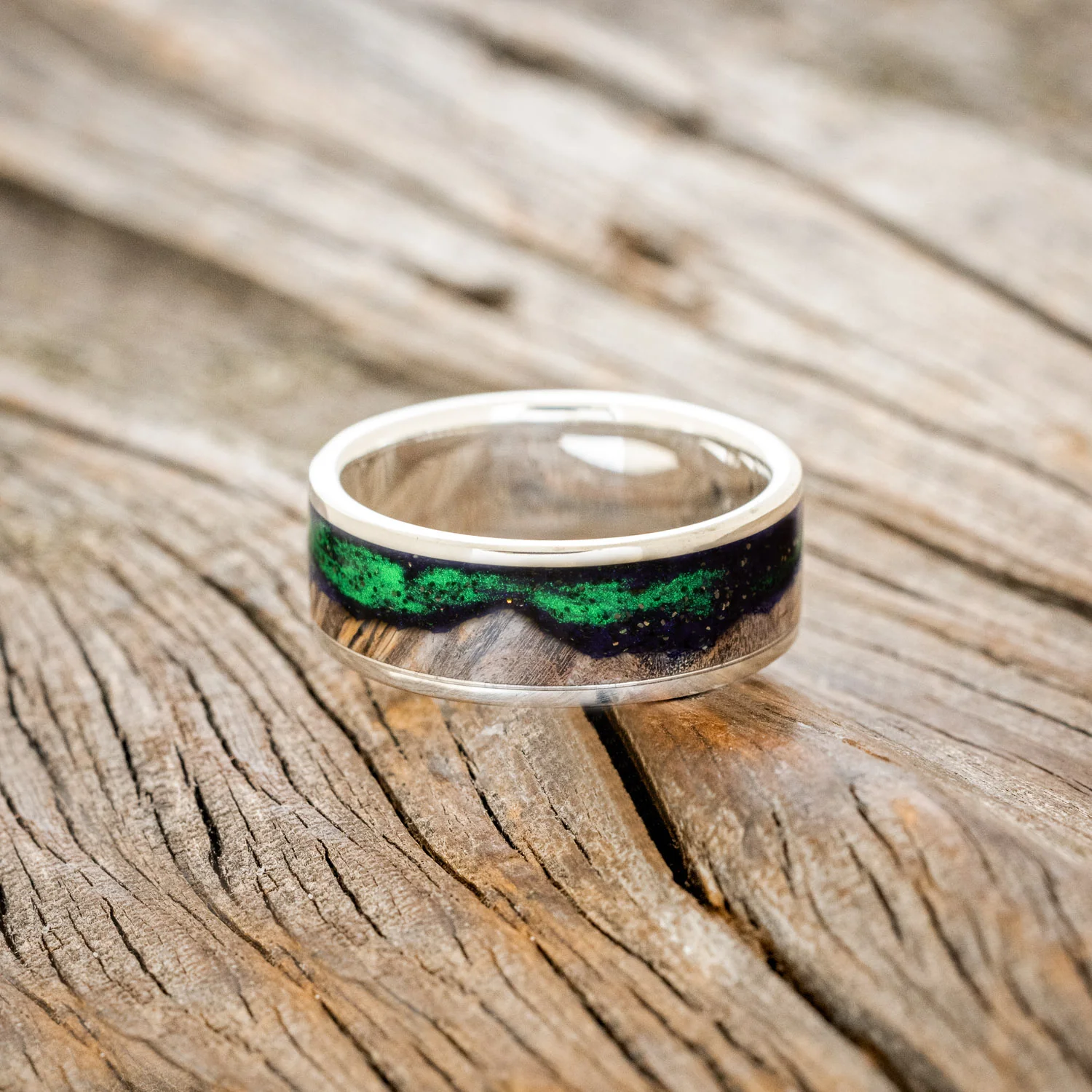 "BOREALIS" - MOUNTAIN ENGRAVED WEDDING RING WITH DARK MAPLE WOOD & GLOW IN THE DARK NORTHERN LIGHTS - Image 24
