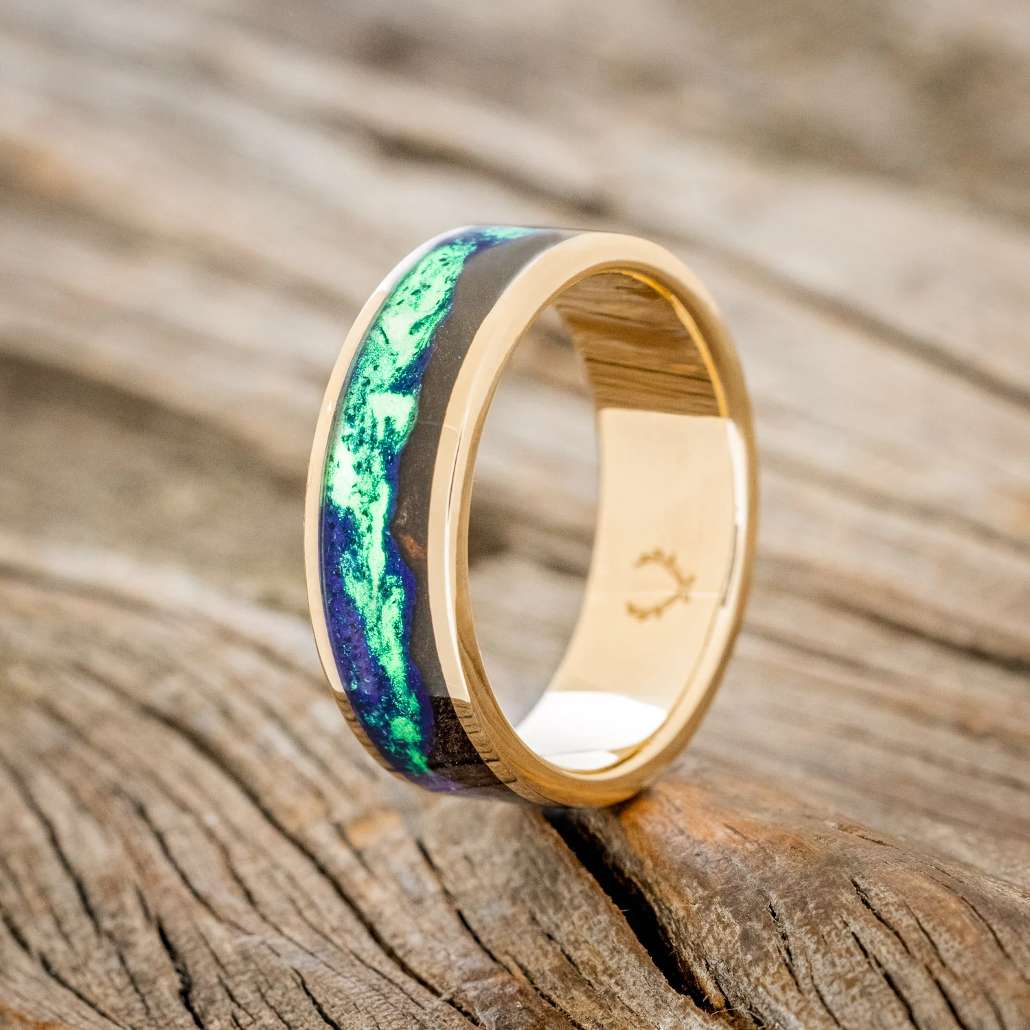 "BOREALIS" - MOUNTAIN ENGRAVED WEDDING RING WITH DARK MAPLE WOOD & GLOW IN THE DARK NORTHERN LIGHTS - Image 25