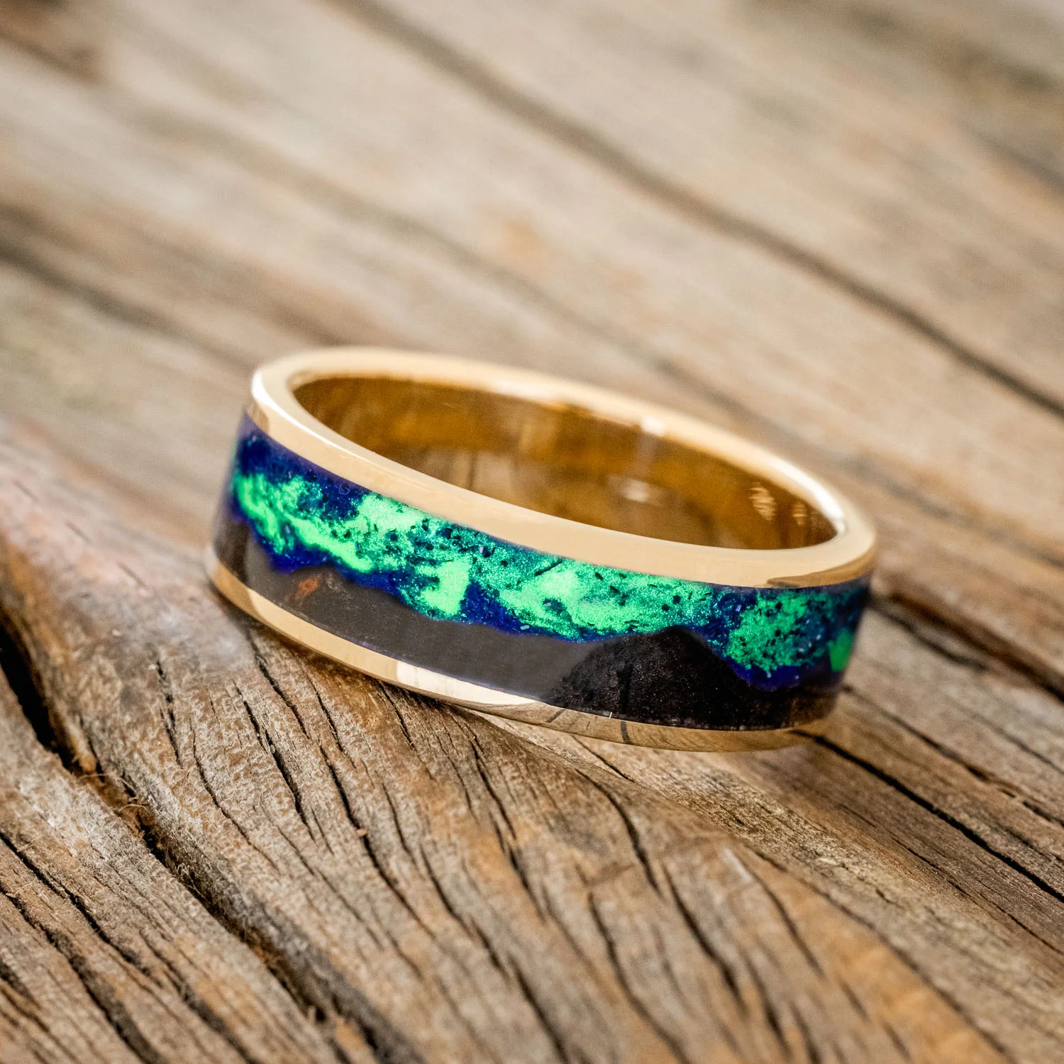 "BOREALIS" - MOUNTAIN ENGRAVED WEDDING RING WITH DARK MAPLE WOOD & GLOW IN THE DARK NORTHERN LIGHTS - Image 26