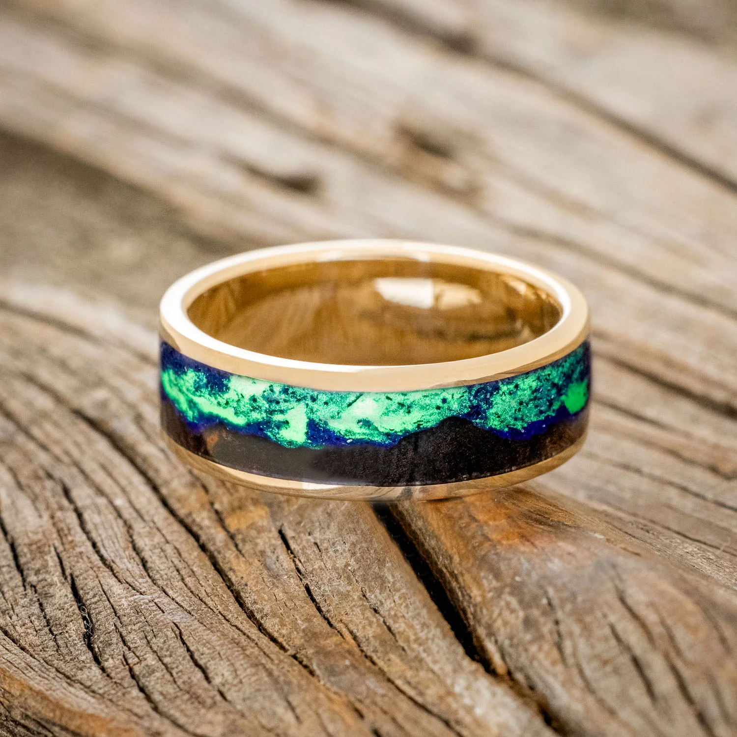 "BOREALIS" - MOUNTAIN ENGRAVED WEDDING RING WITH DARK MAPLE WOOD & GLOW IN THE DARK NORTHERN LIGHTS - Image 27