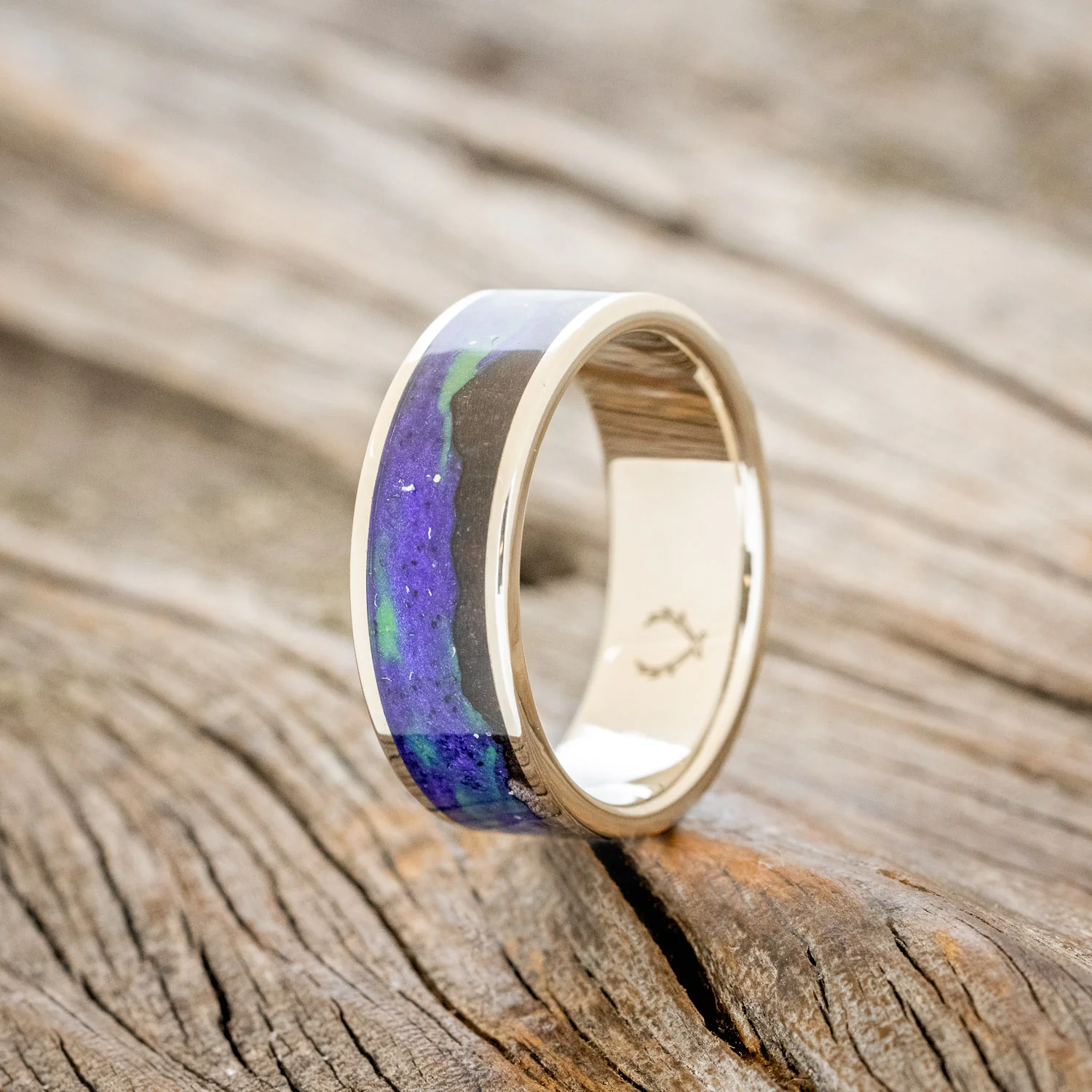 "BOREALIS" - MOUNTAIN ENGRAVED WEDDING RING WITH DARK MAPLE WOOD & GLOW IN THE DARK NORTHERN LIGHTS - Image 28