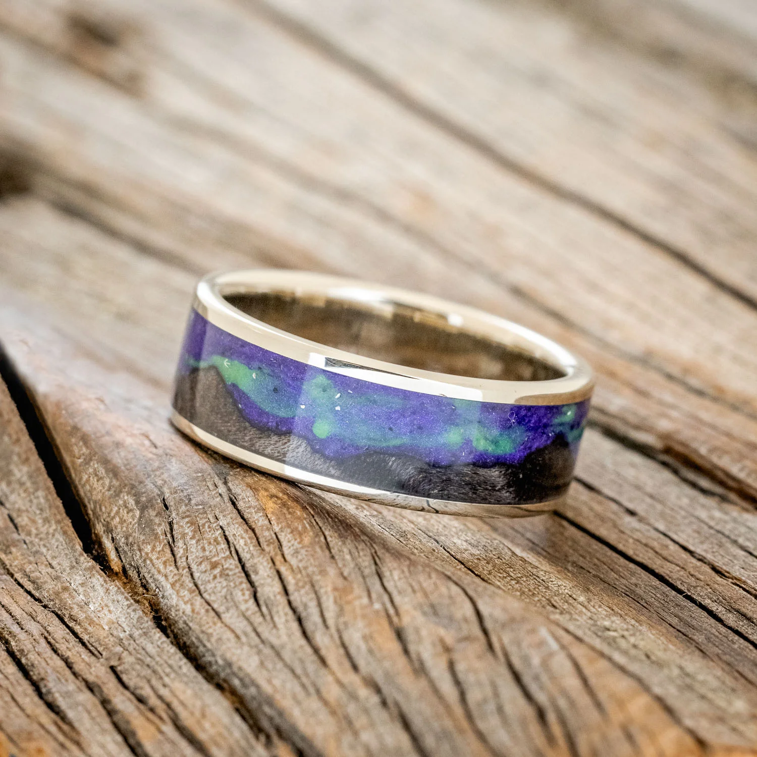 "BOREALIS" - MOUNTAIN ENGRAVED WEDDING RING WITH DARK MAPLE WOOD & GLOW IN THE DARK NORTHERN LIGHTS - Image 29