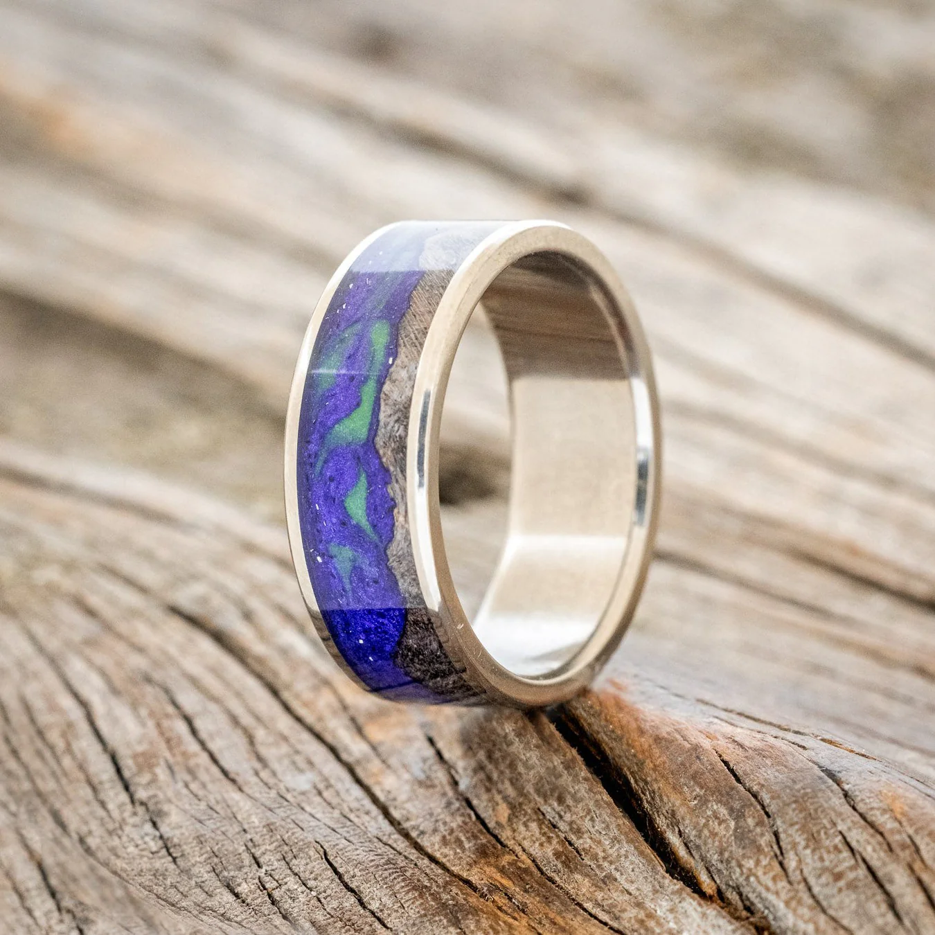 "BOREALIS" - MOUNTAIN ENGRAVED WEDDING RING WITH DARK MAPLE WOOD & GLOW IN THE DARK NORTHERN LIGHTS - Image 3