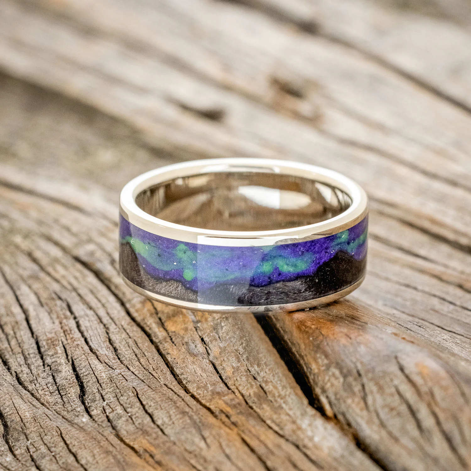 "BOREALIS" - MOUNTAIN ENGRAVED WEDDING RING WITH DARK MAPLE WOOD & GLOW IN THE DARK NORTHERN LIGHTS - Image 30