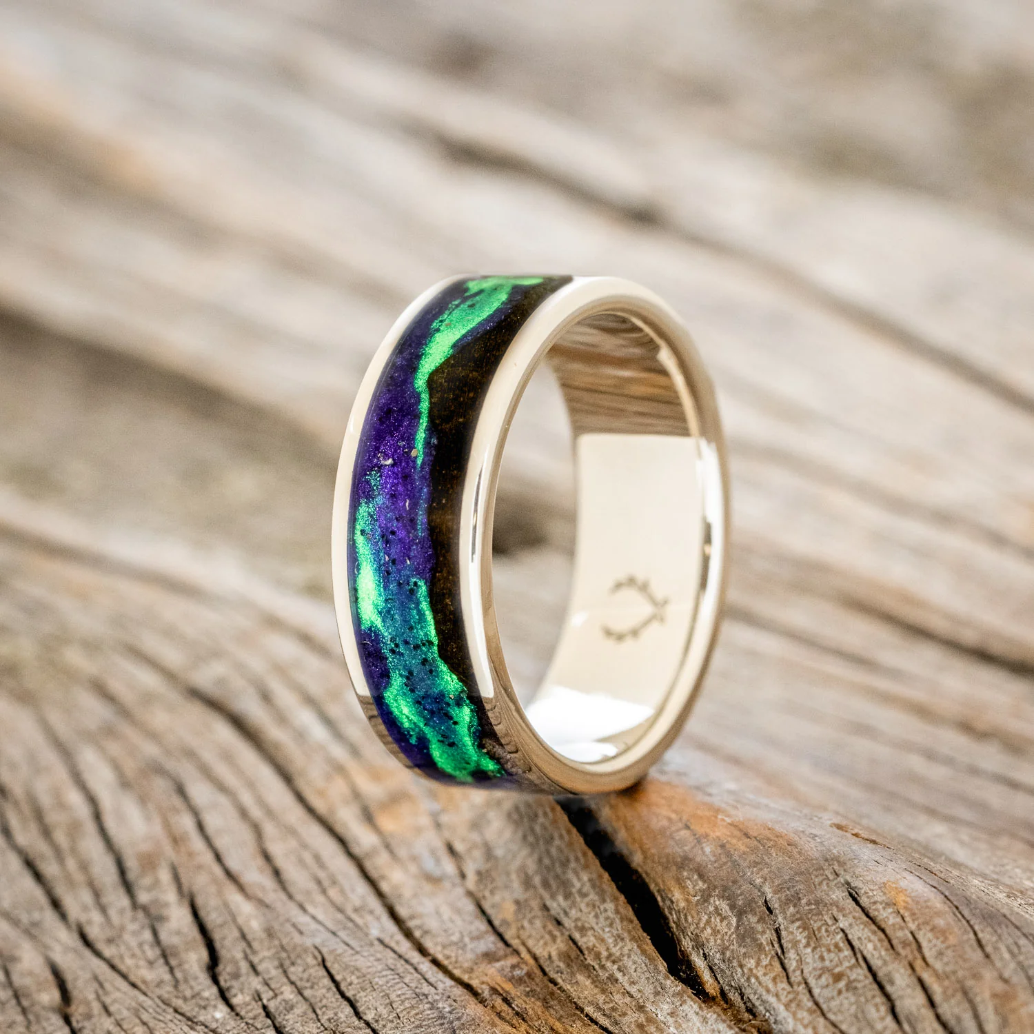 "BOREALIS" - MOUNTAIN ENGRAVED WEDDING RING WITH DARK MAPLE WOOD & GLOW IN THE DARK NORTHERN LIGHTS - Image 31