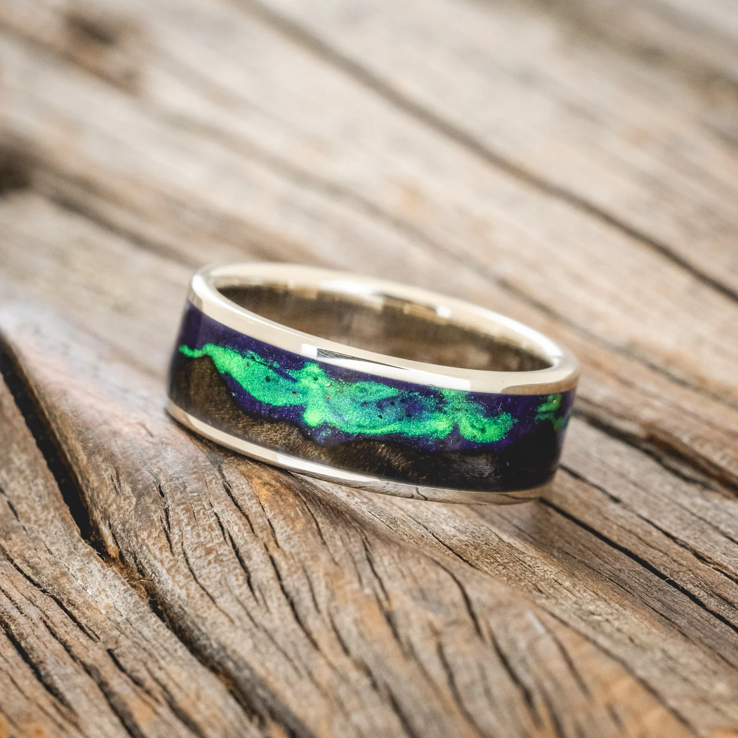 "BOREALIS" - MOUNTAIN ENGRAVED WEDDING RING WITH DARK MAPLE WOOD & GLOW IN THE DARK NORTHERN LIGHTS - Image 32