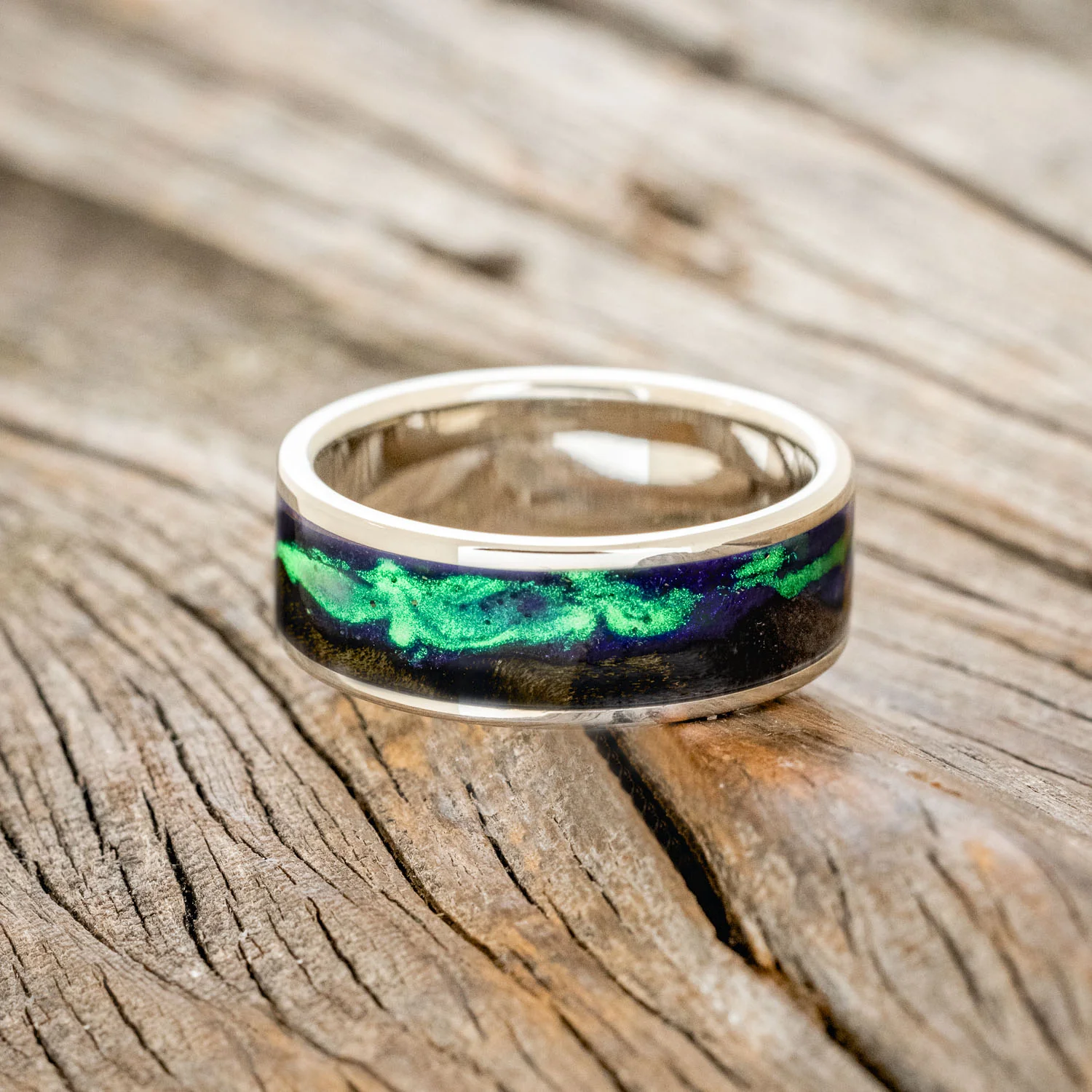 "BOREALIS" - MOUNTAIN ENGRAVED WEDDING RING WITH DARK MAPLE WOOD & GLOW IN THE DARK NORTHERN LIGHTS - Image 33