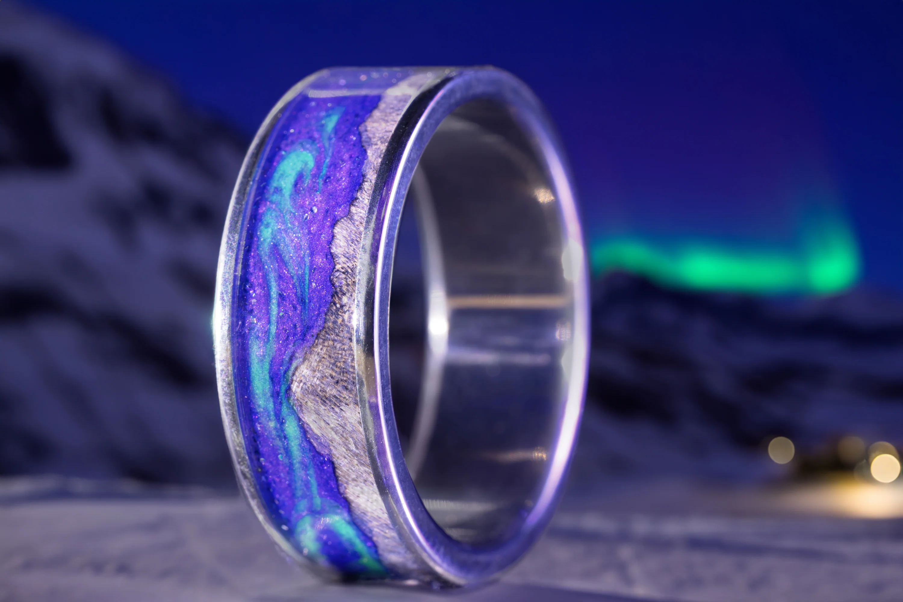 "BOREALIS" - MOUNTAIN ENGRAVED WEDDING RING WITH DARK MAPLE WOOD & GLOW IN THE DARK NORTHERN LIGHTS - Image 34