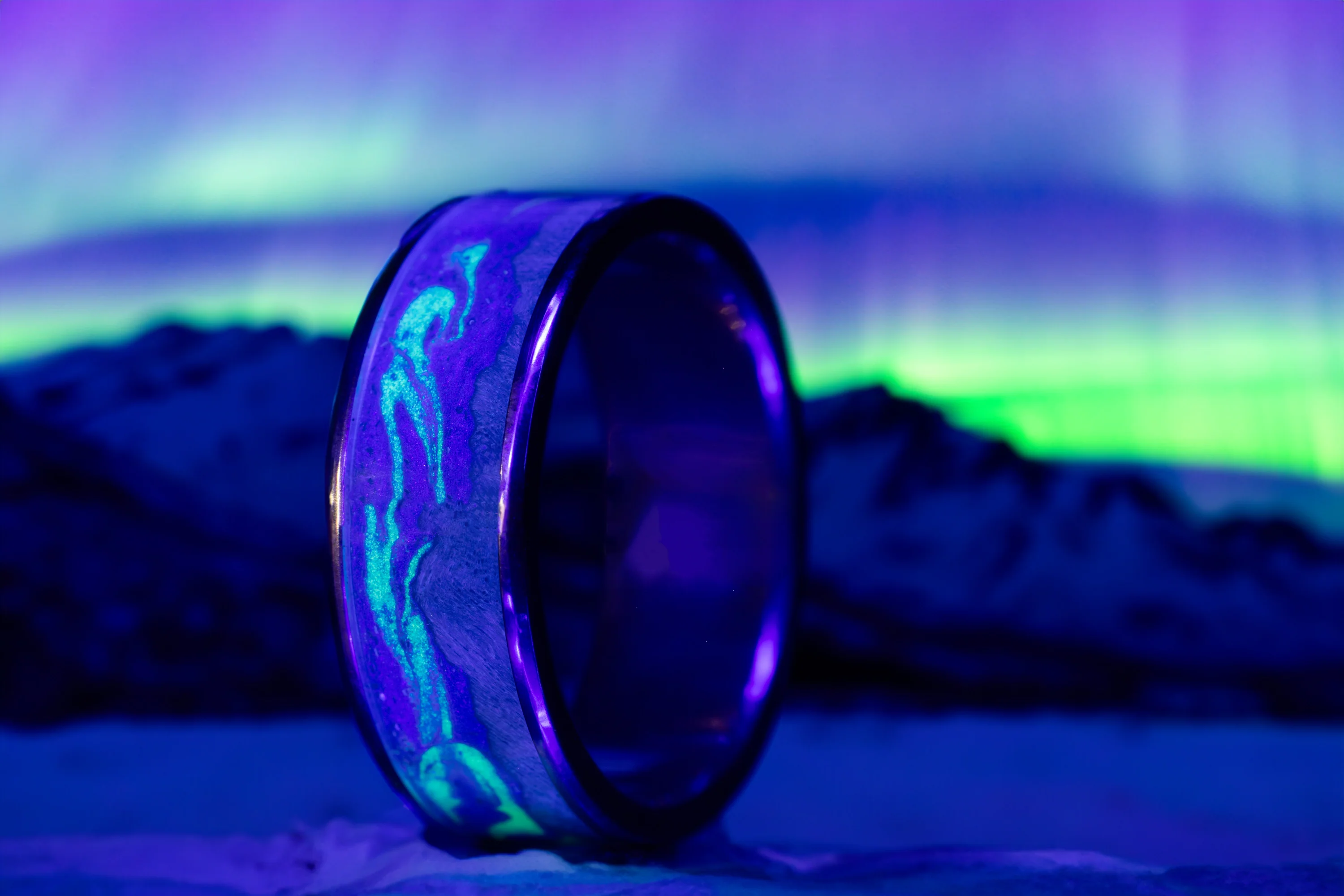 "BOREALIS" - MOUNTAIN ENGRAVED WEDDING RING WITH DARK MAPLE WOOD & GLOW IN THE DARK NORTHERN LIGHTS - Image 35