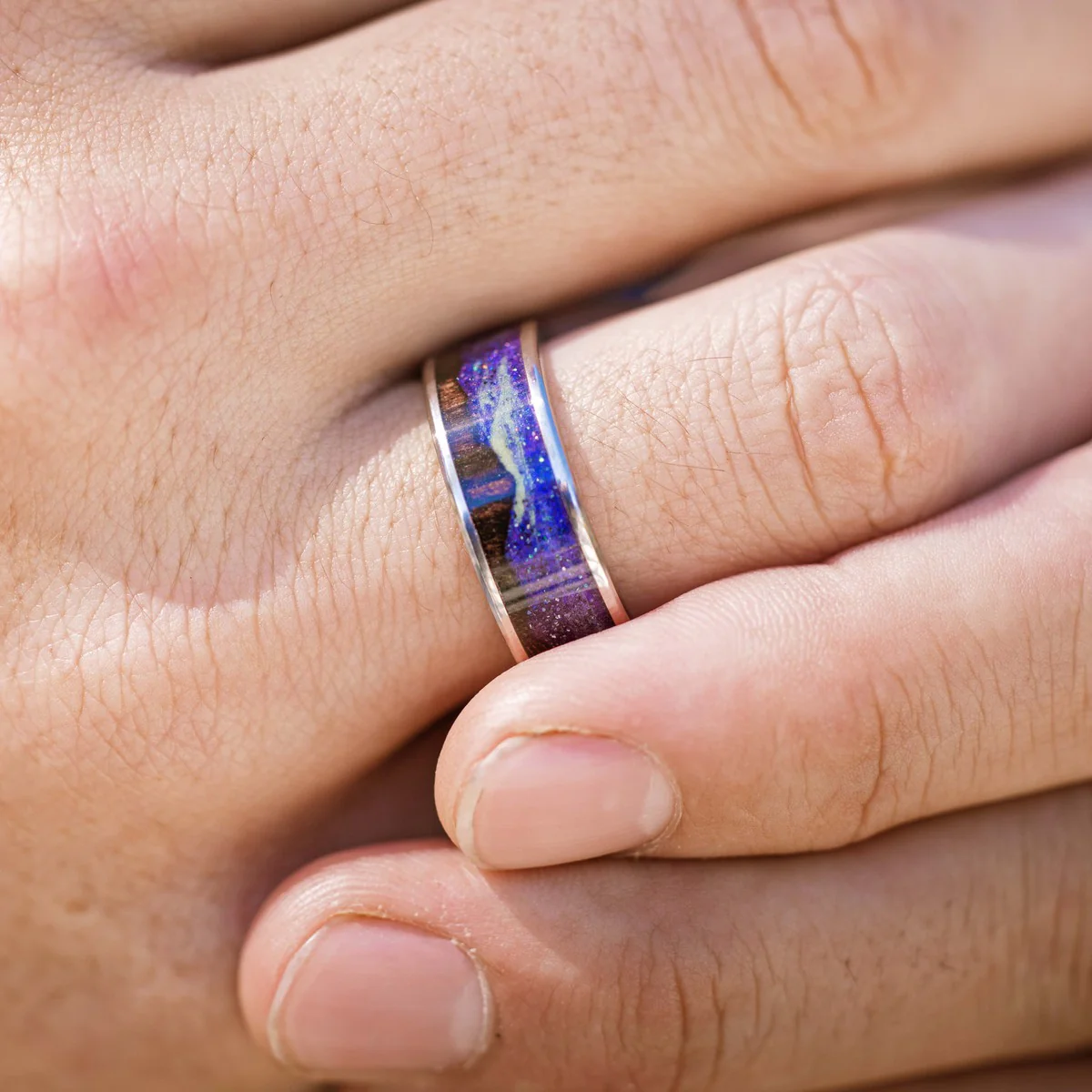 "BOREALIS" - MOUNTAIN ENGRAVED WEDDING RING WITH DARK MAPLE WOOD & GLOW IN THE DARK NORTHERN LIGHTS - Image 36
