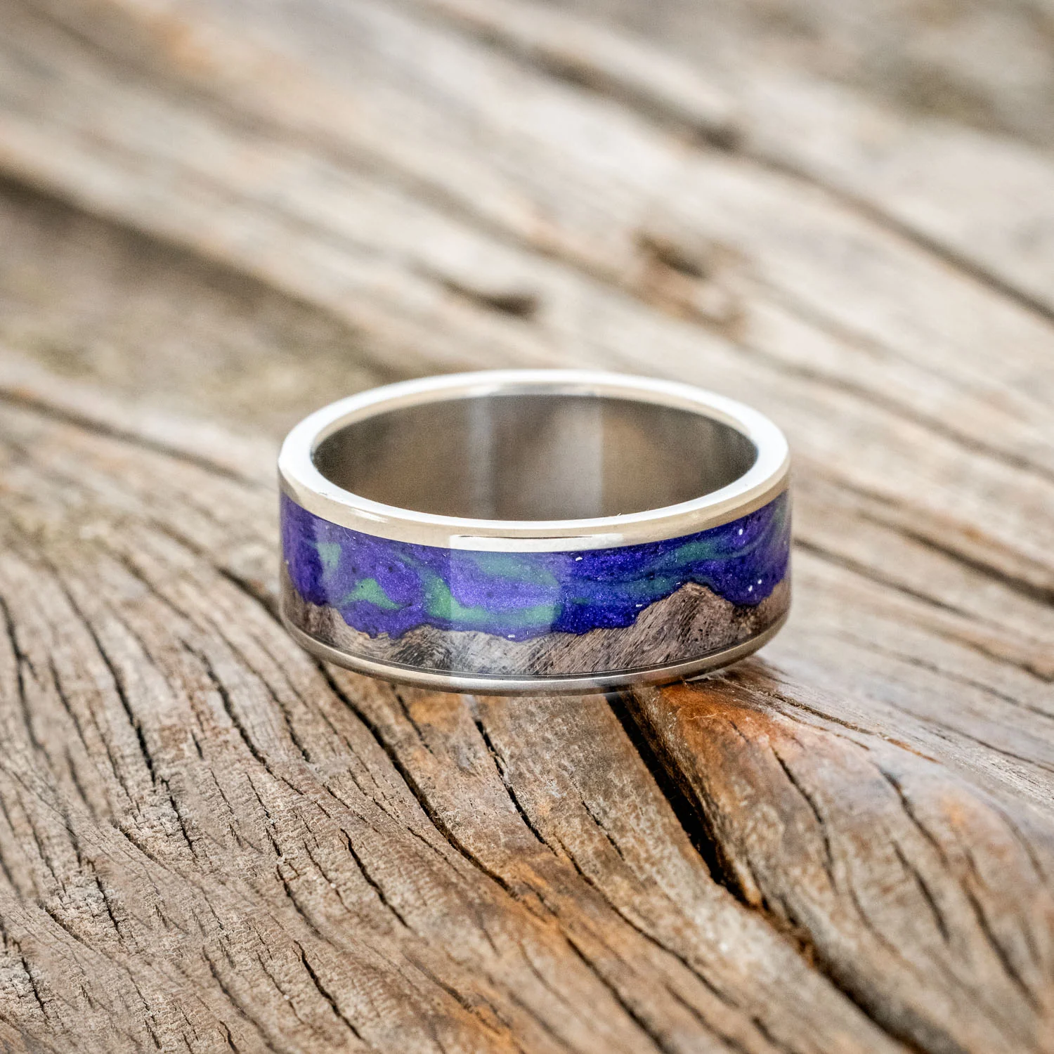"BOREALIS" - MOUNTAIN ENGRAVED WEDDING RING WITH DARK MAPLE WOOD & GLOW IN THE DARK NORTHERN LIGHTS - Image 4