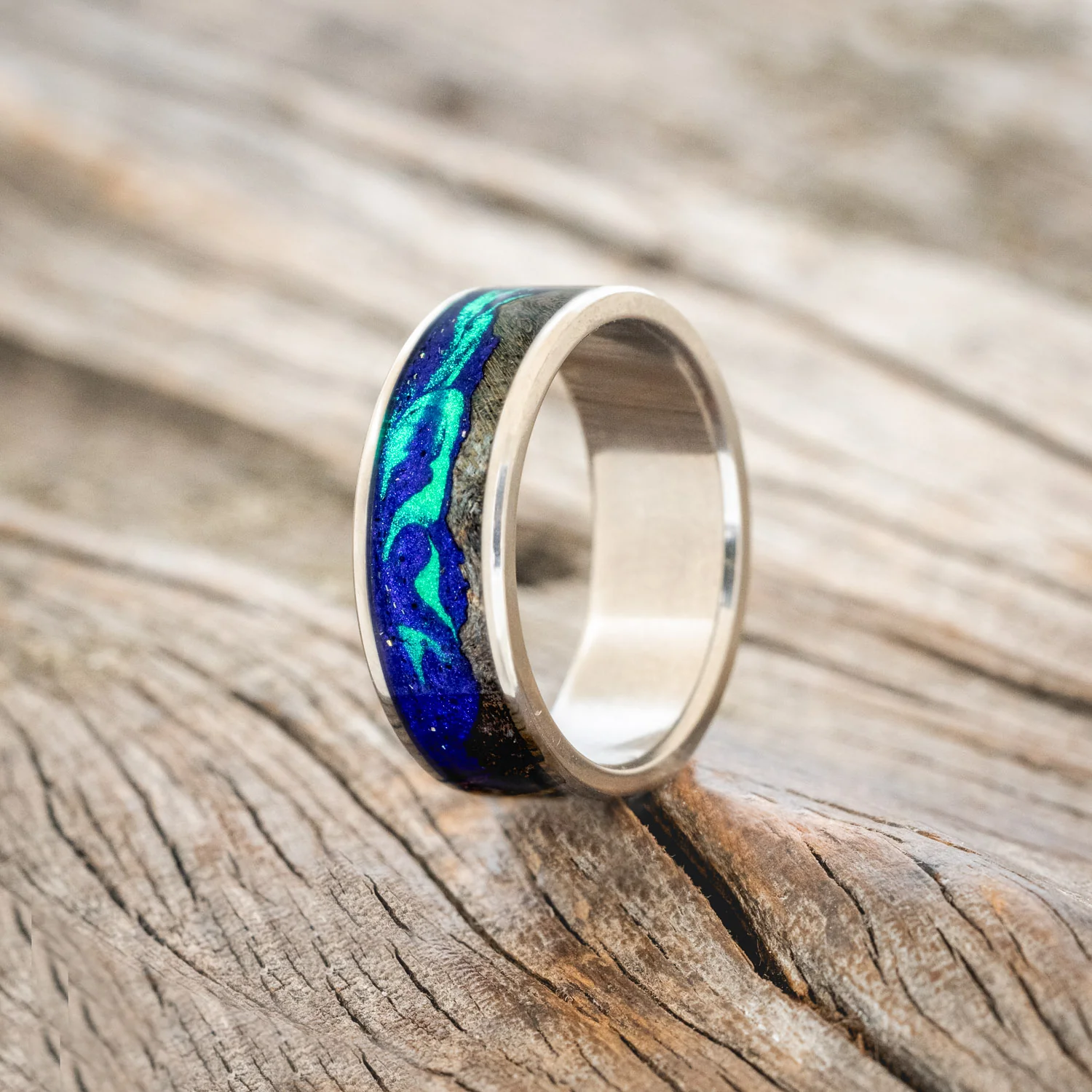 "BOREALIS" - MOUNTAIN ENGRAVED WEDDING RING WITH DARK MAPLE WOOD & GLOW IN THE DARK NORTHERN LIGHTS - Image 5