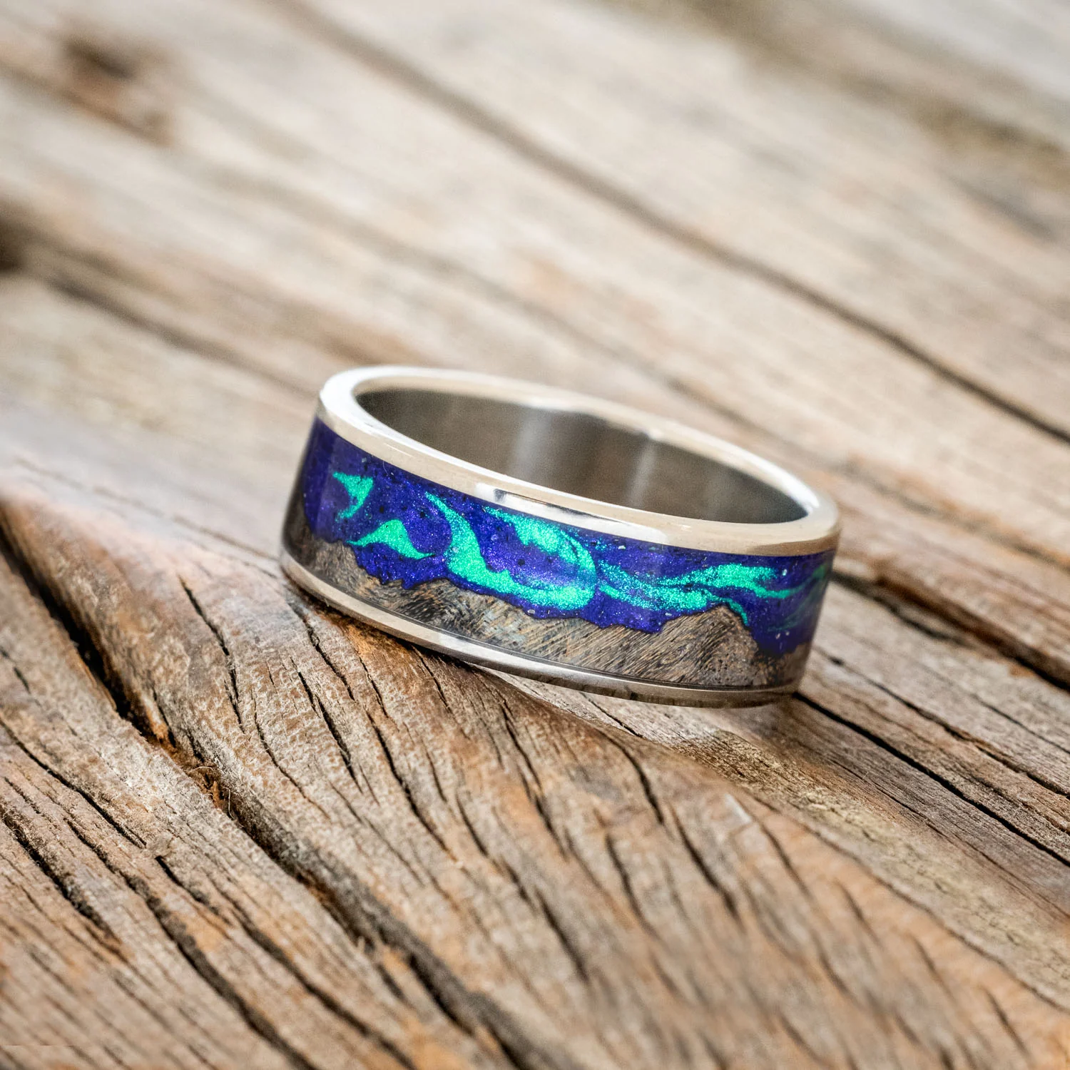 "BOREALIS" - MOUNTAIN ENGRAVED WEDDING RING WITH DARK MAPLE WOOD & GLOW IN THE DARK NORTHERN LIGHTS - Image 6