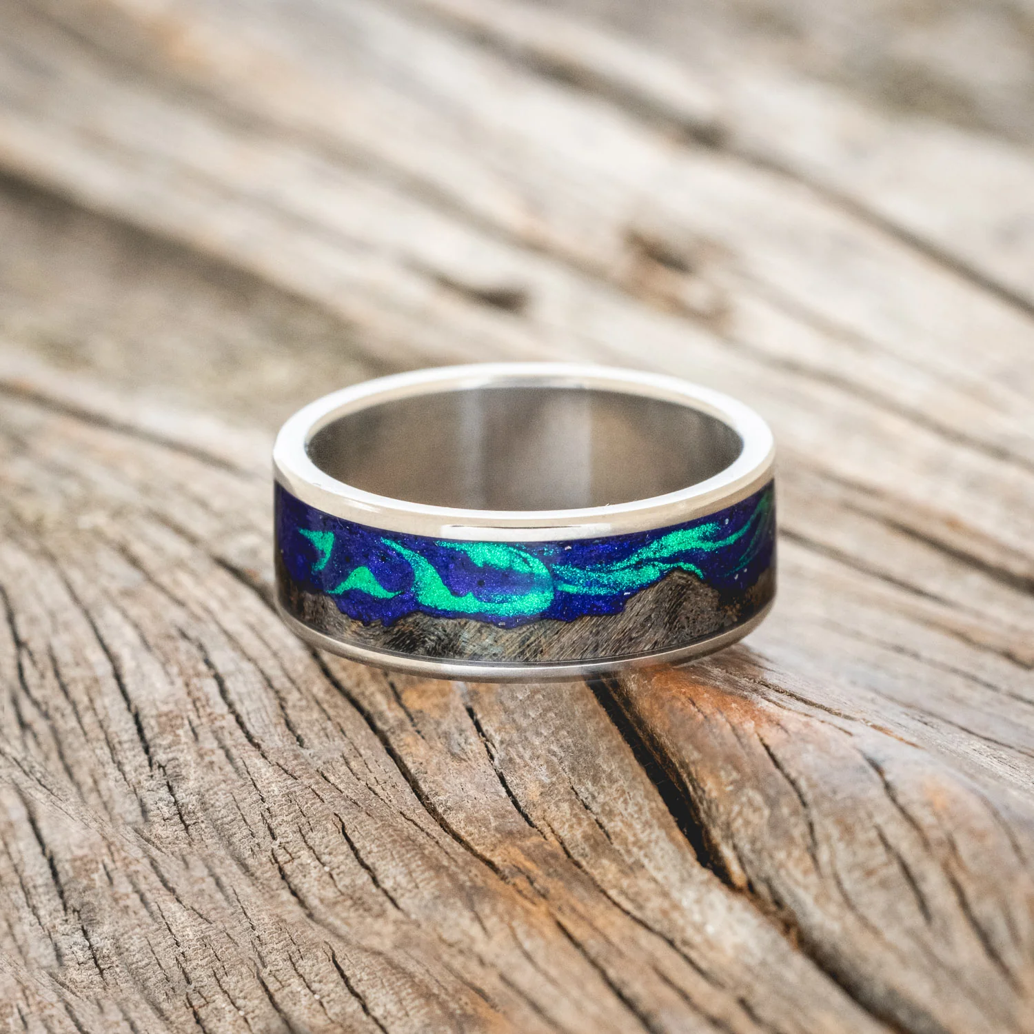 "BOREALIS" - MOUNTAIN ENGRAVED WEDDING RING WITH DARK MAPLE WOOD & GLOW IN THE DARK NORTHERN LIGHTS - Image 7