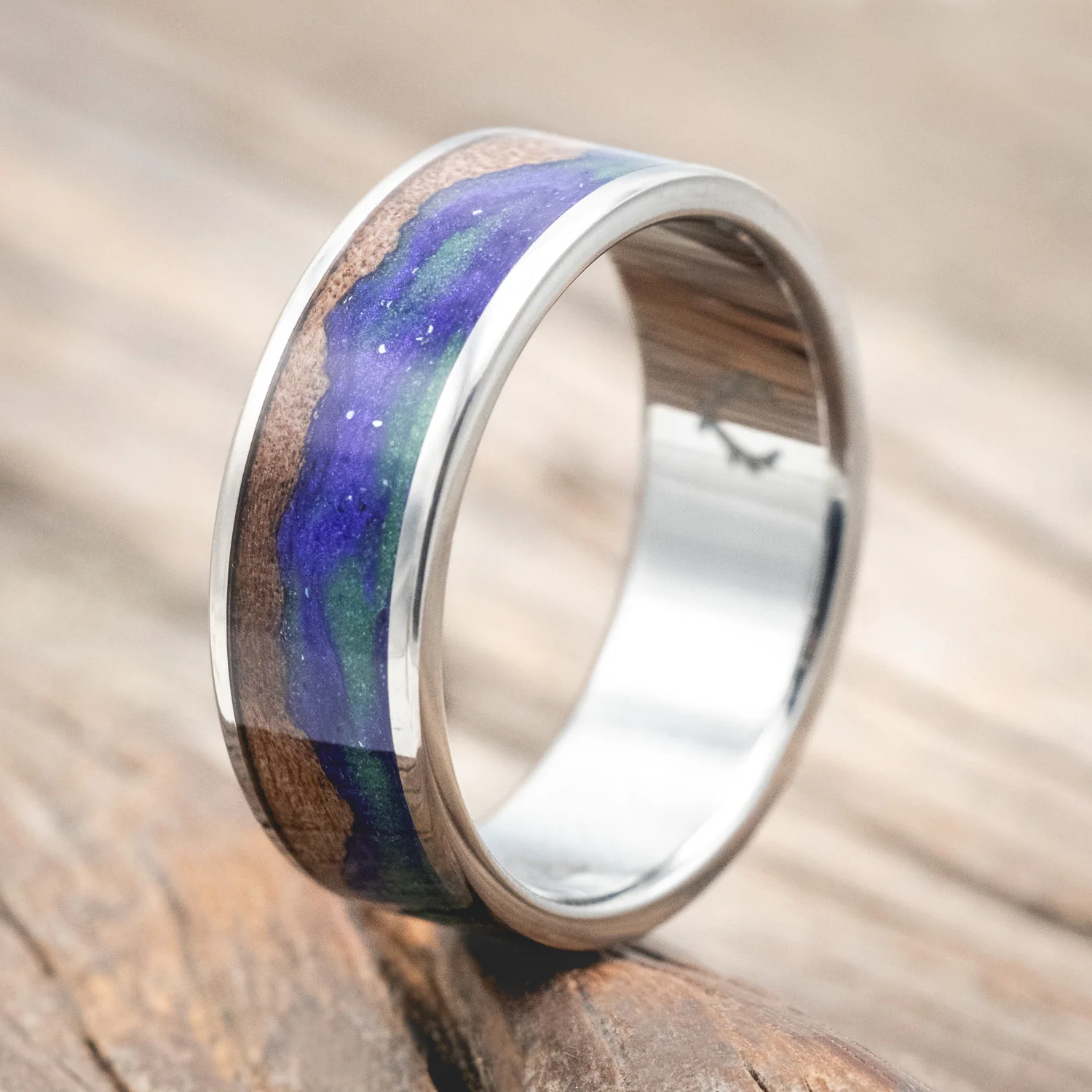 "BOREALIS" - MOUNTAIN ENGRAVED WEDDING RING WITH DARK MAPLE WOOD & GLOW IN THE DARK NORTHERN LIGHTS - Image 8