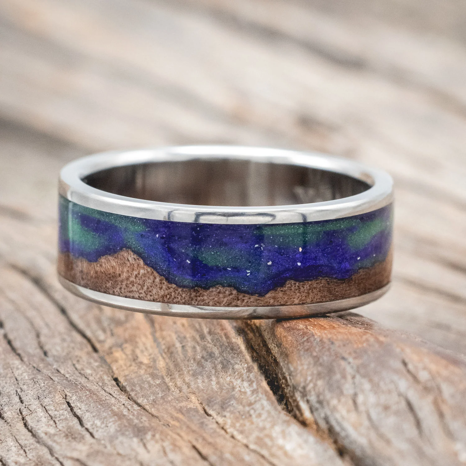 "BOREALIS" - MOUNTAIN ENGRAVED WEDDING RING WITH DARK MAPLE WOOD & GLOW IN THE DARK NORTHERN LIGHTS - Image 9
