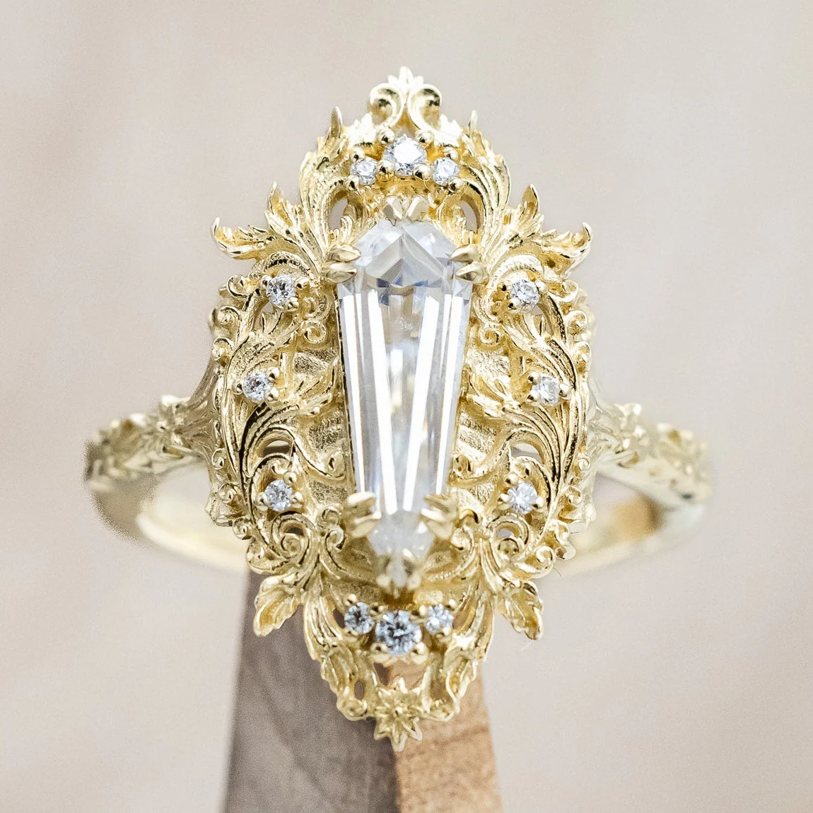 "CHERIE" - ROCOCO-STYLE DAGGER CUT MOISSANITE ENGAGEMENT RING WITH DIAMOND ACCENTS - Image 3