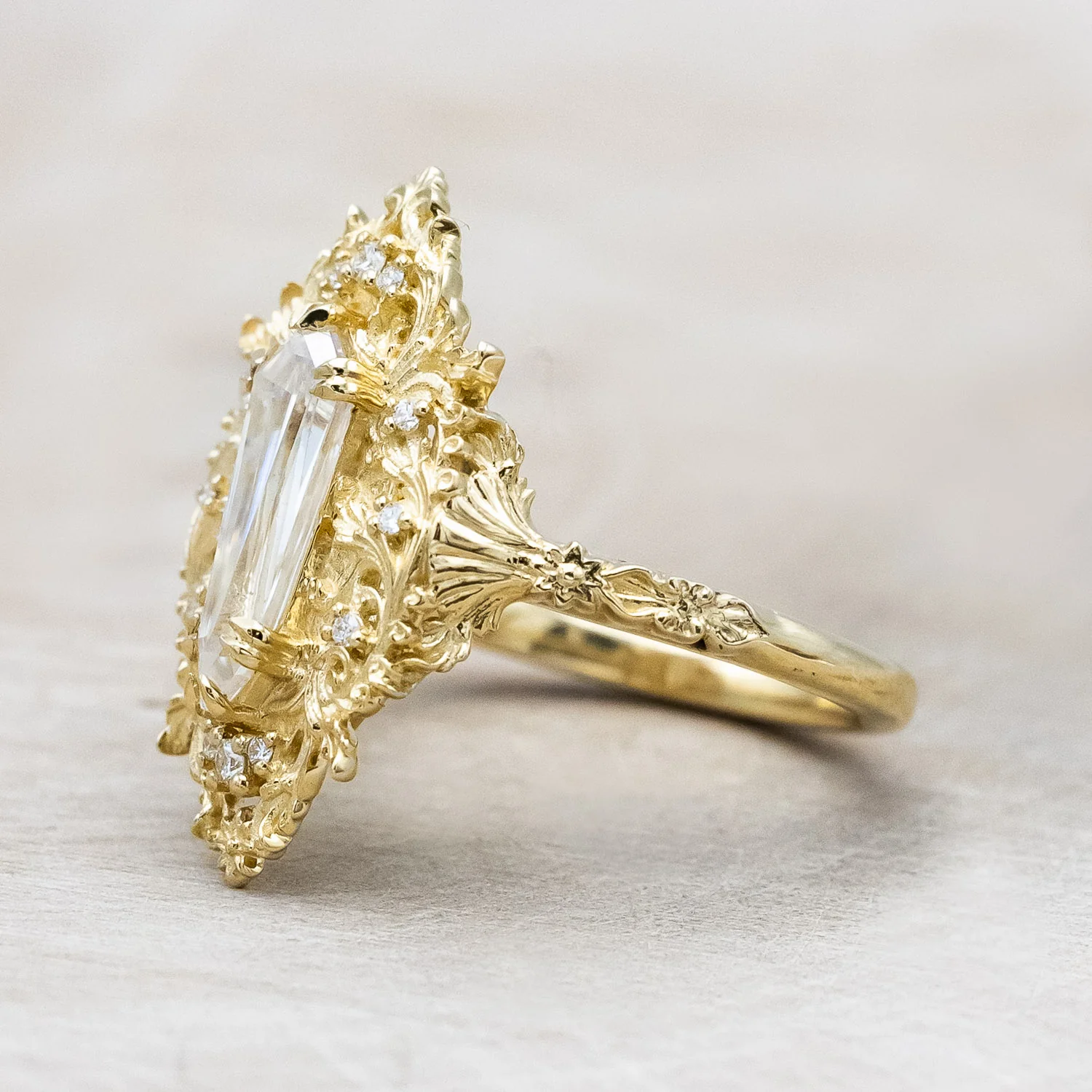 "CHERIE" - ROCOCO-STYLE DAGGER CUT MOISSANITE ENGAGEMENT RING WITH DIAMOND ACCENTS - Image 5