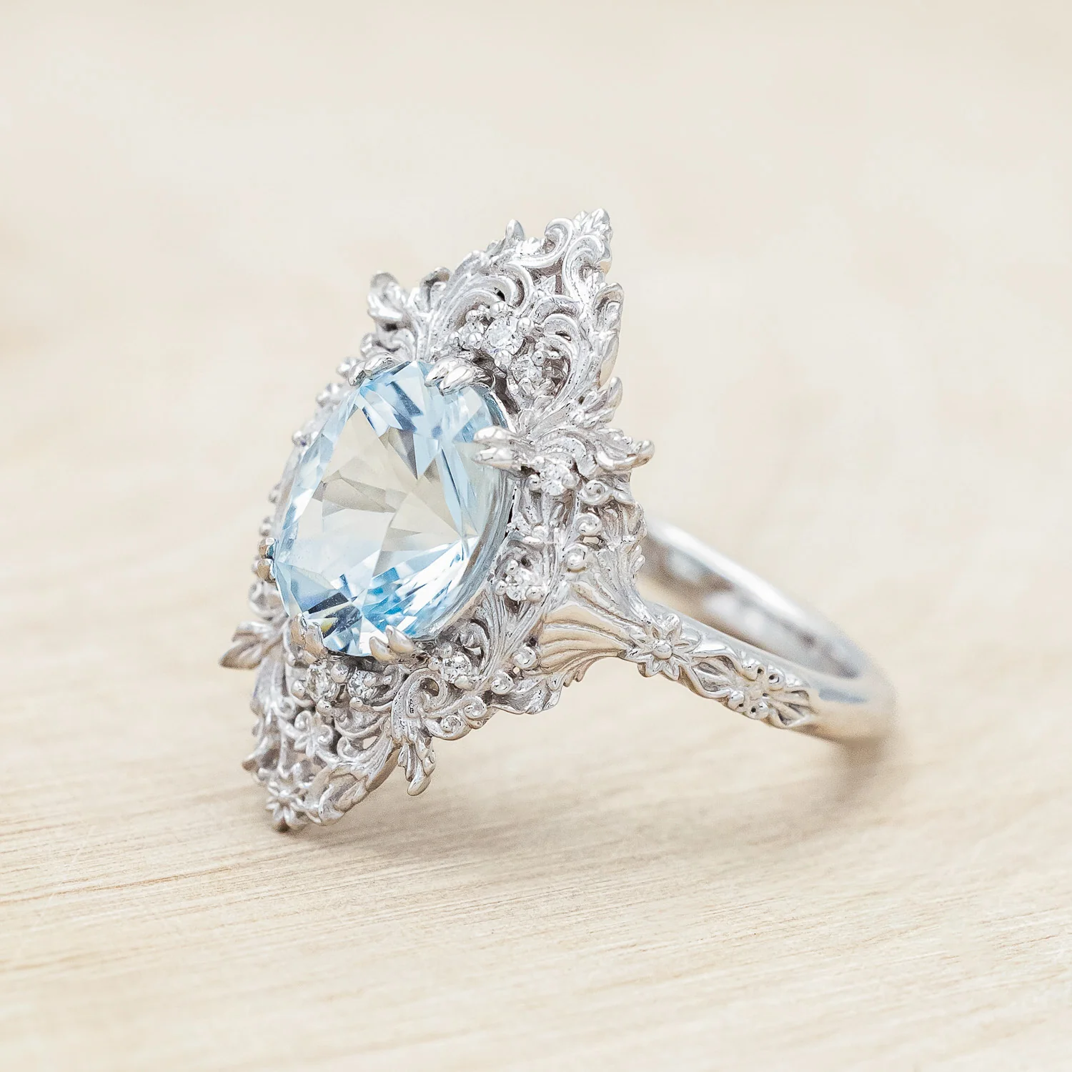 "CHERIE" - ROCOCO-STYLE OVAL CUT AQUAMARINE ENGAGEMENT RING WITH DIAMOND ACCENTS - Image 5