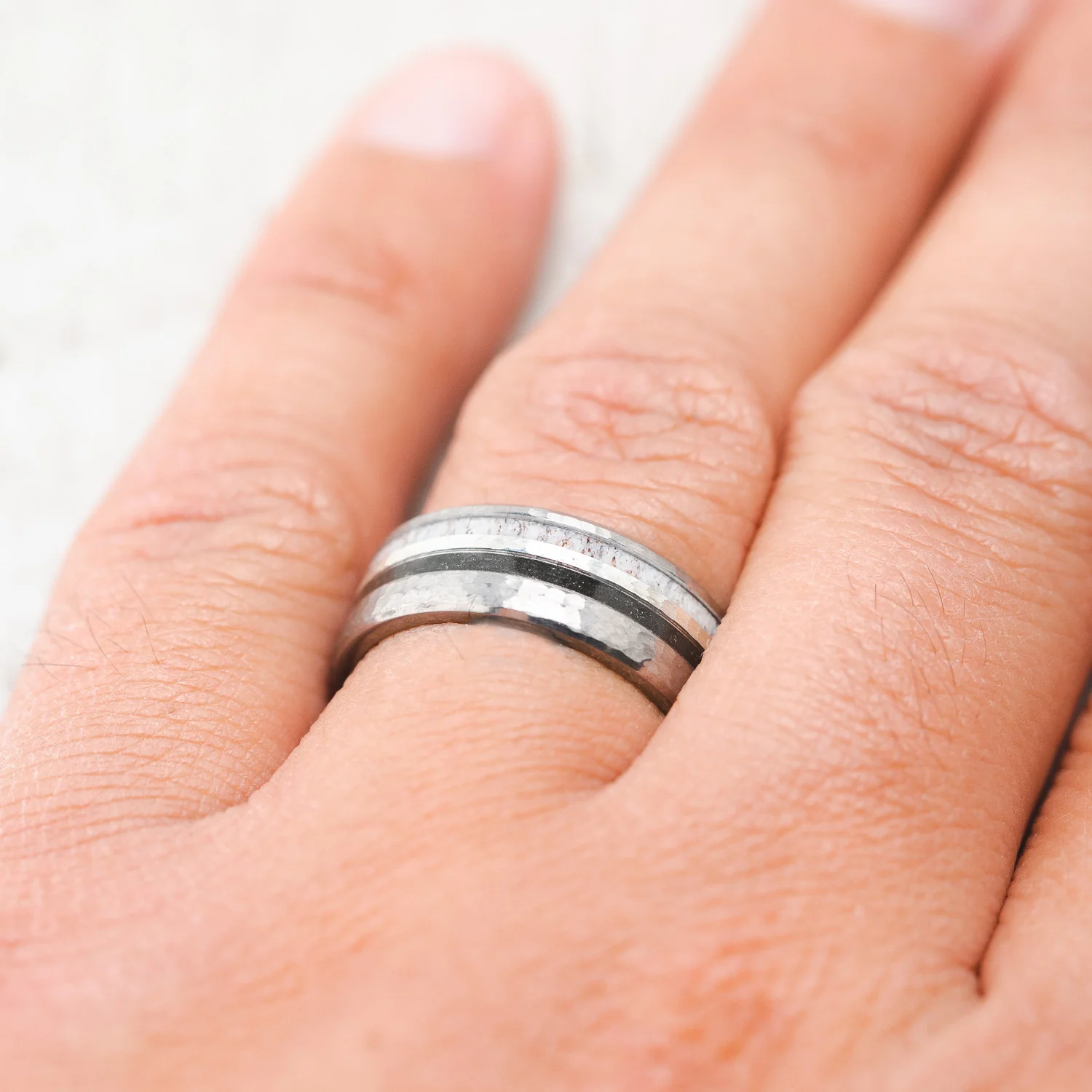 "COSMO" - PYRITE, ANTLER & HAMMERED PRECIOUS METAL INLAY WEDDING BAND WITH HAMMERED FINISH - Image 5