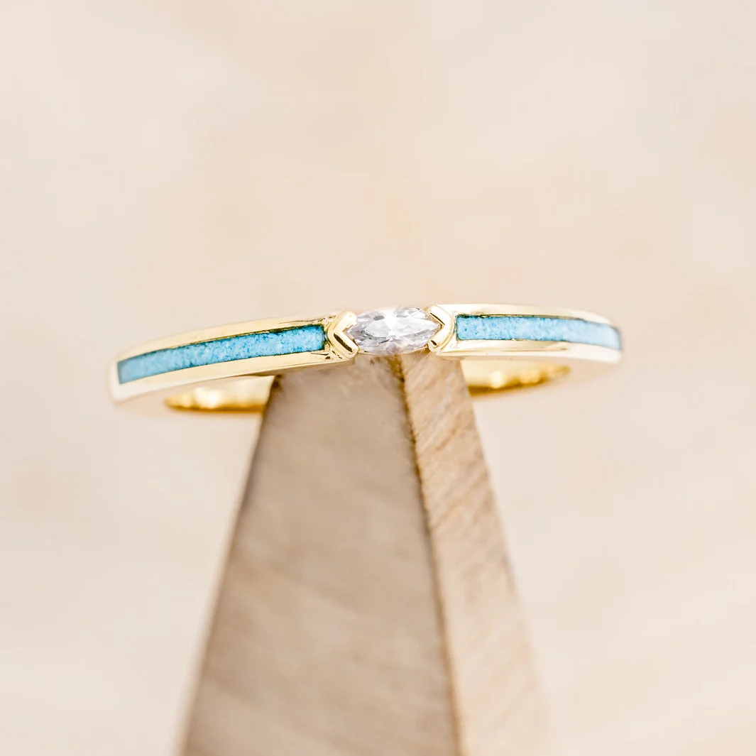 "ELBA" - MARQUISE CUT MOISSANITE ENGAGEMENT RING WITH TURQUOISE INLAYS - Image 9