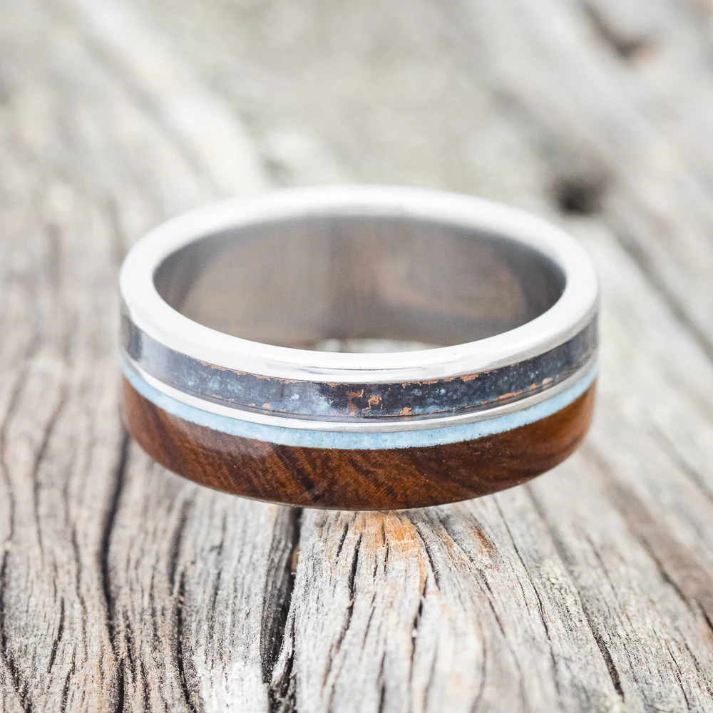 "ELEMENT" - IRONWOOD, PATINA COPPER & TURQUOISE WEDDING BAND - Image 4