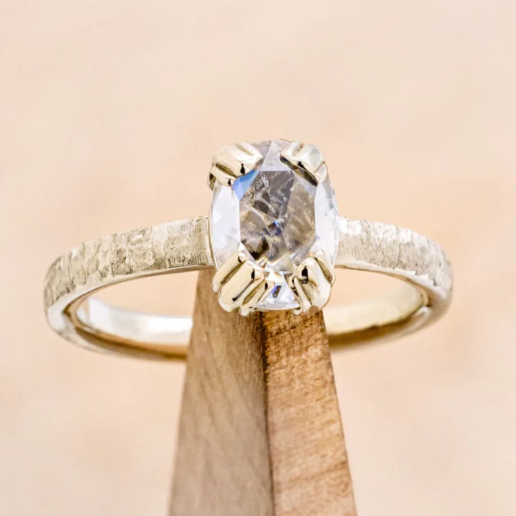 "ELLA" - ANTIQUE CUSHION ROSE CUT MOISSANITE SOLITAIRE ENGAGEMENT RING WITH A HAMMERED FINISH - Image 13