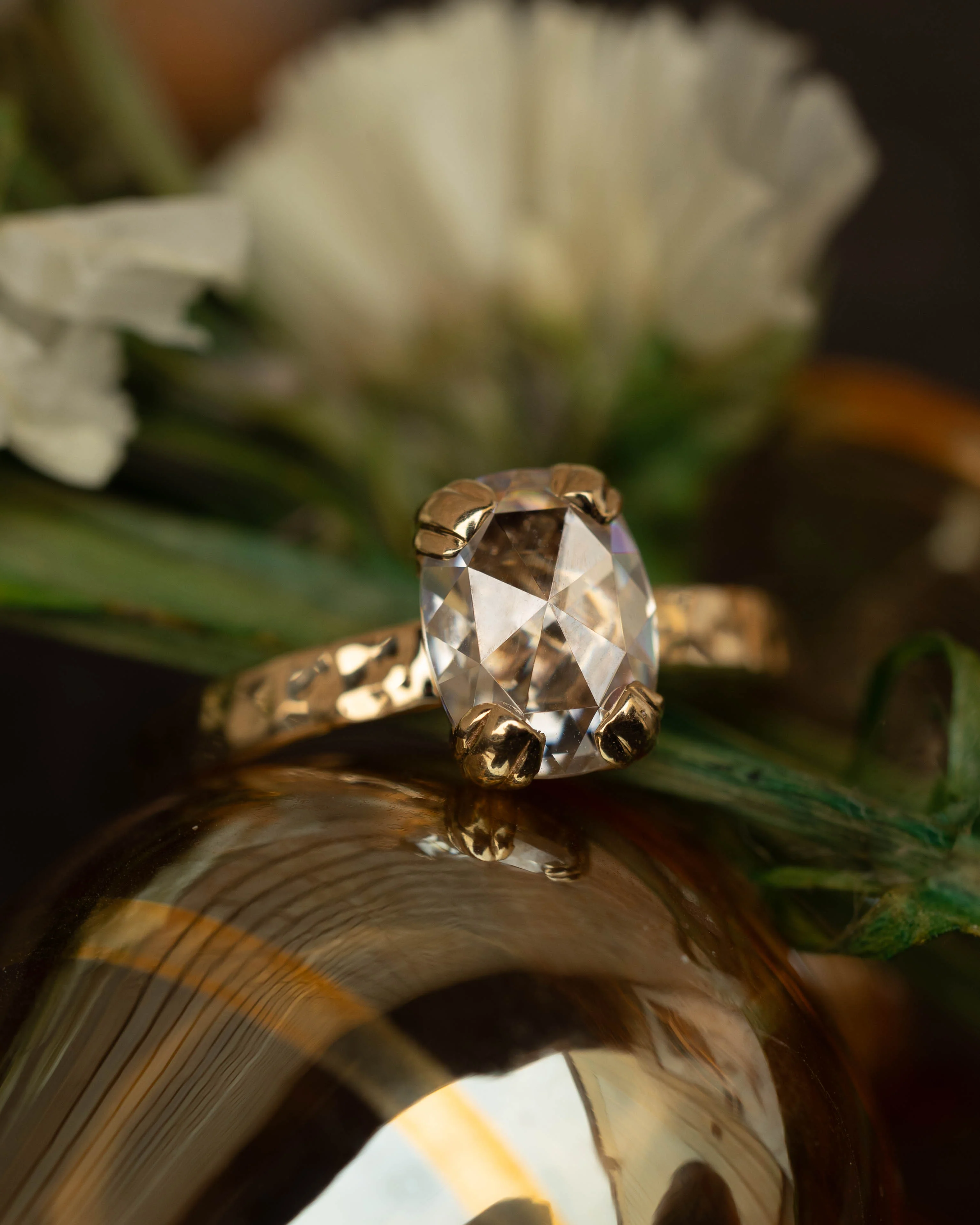 "ELLA" - ANTIQUE CUSHION ROSE CUT MOISSANITE SOLITAIRE ENGAGEMENT RING WITH A HAMMERED FINISH - Image 15