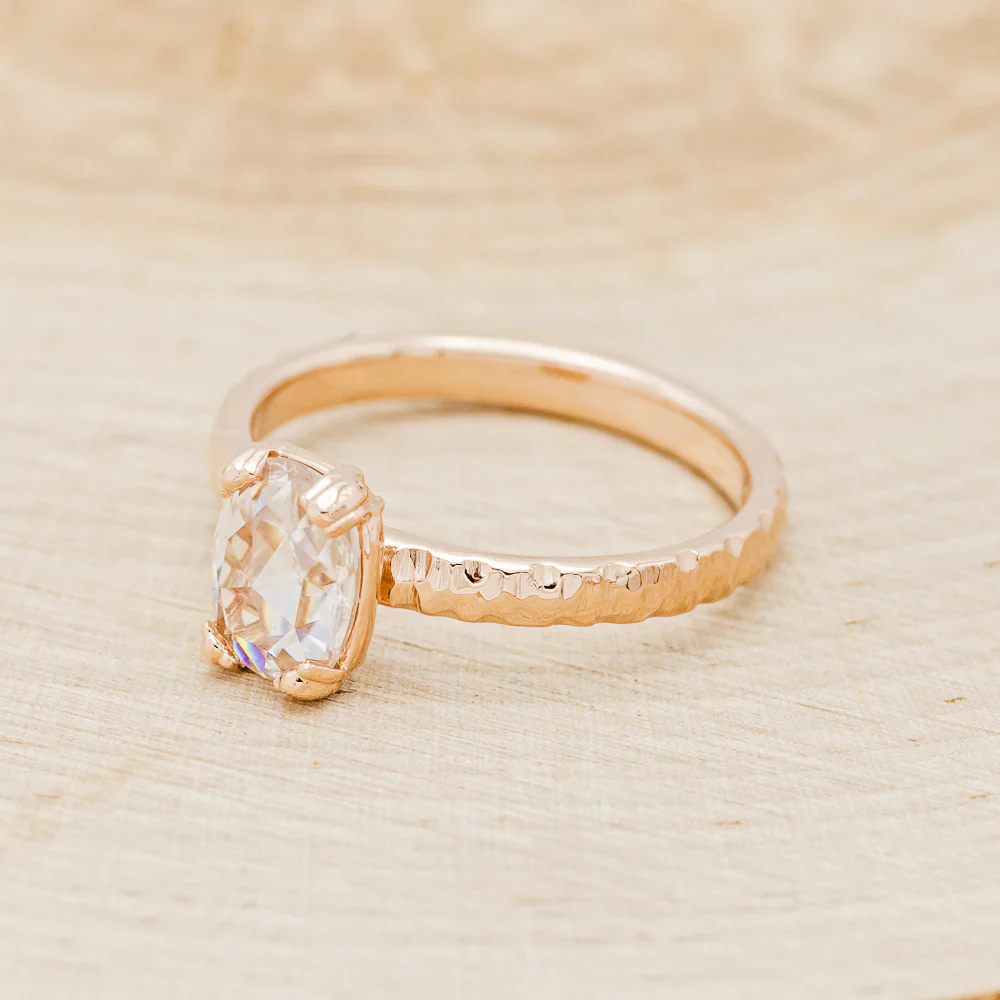 "ELLA" - ANTIQUE CUSHION ROSE CUT MOISSANITE SOLITAIRE ENGAGEMENT RING WITH A HAMMERED FINISH - Image 3