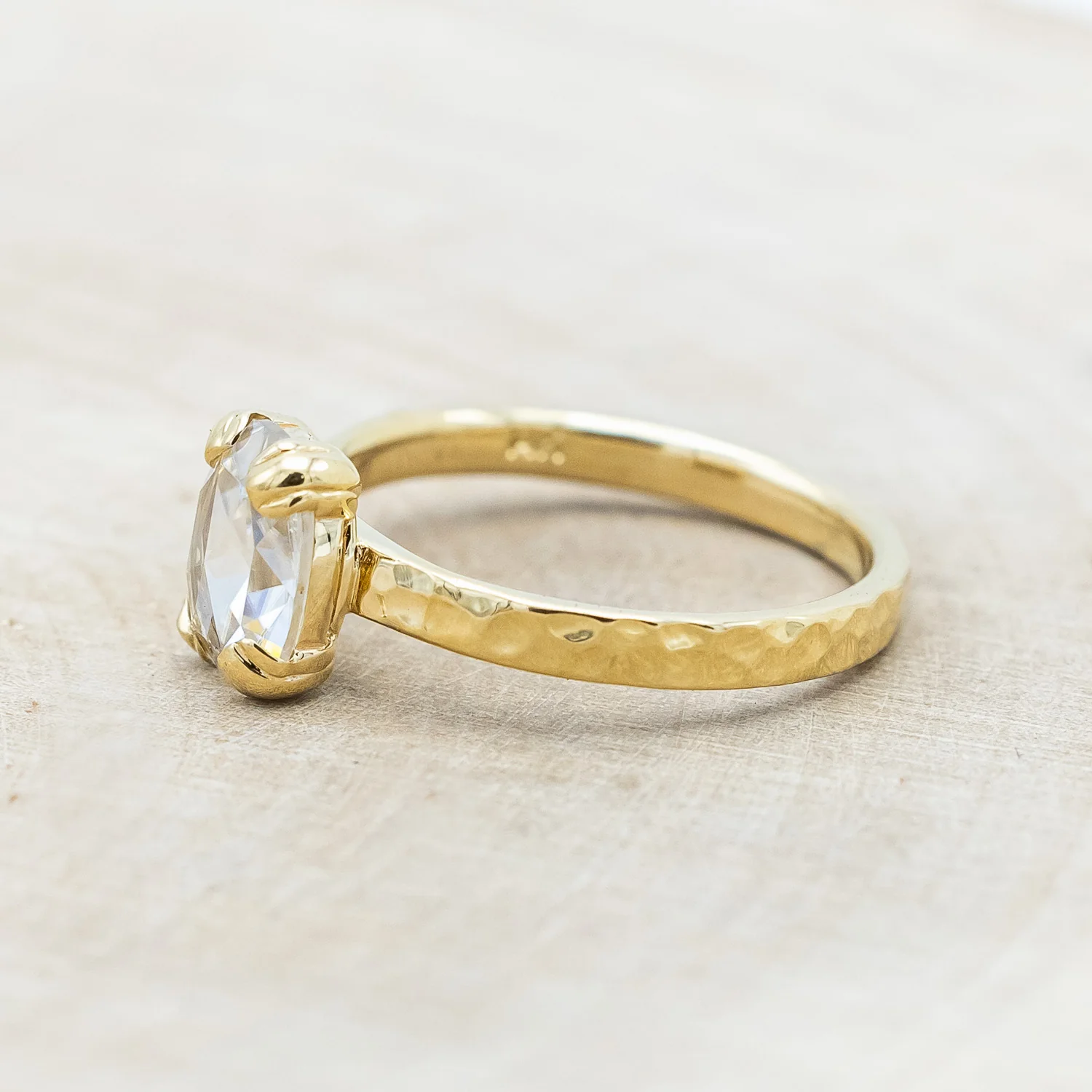 "ELLA" - ANTIQUE CUSHION ROSE CUT MOISSANITE SOLITAIRE ENGAGEMENT RING WITH A HAMMERED FINISH - Image 9
