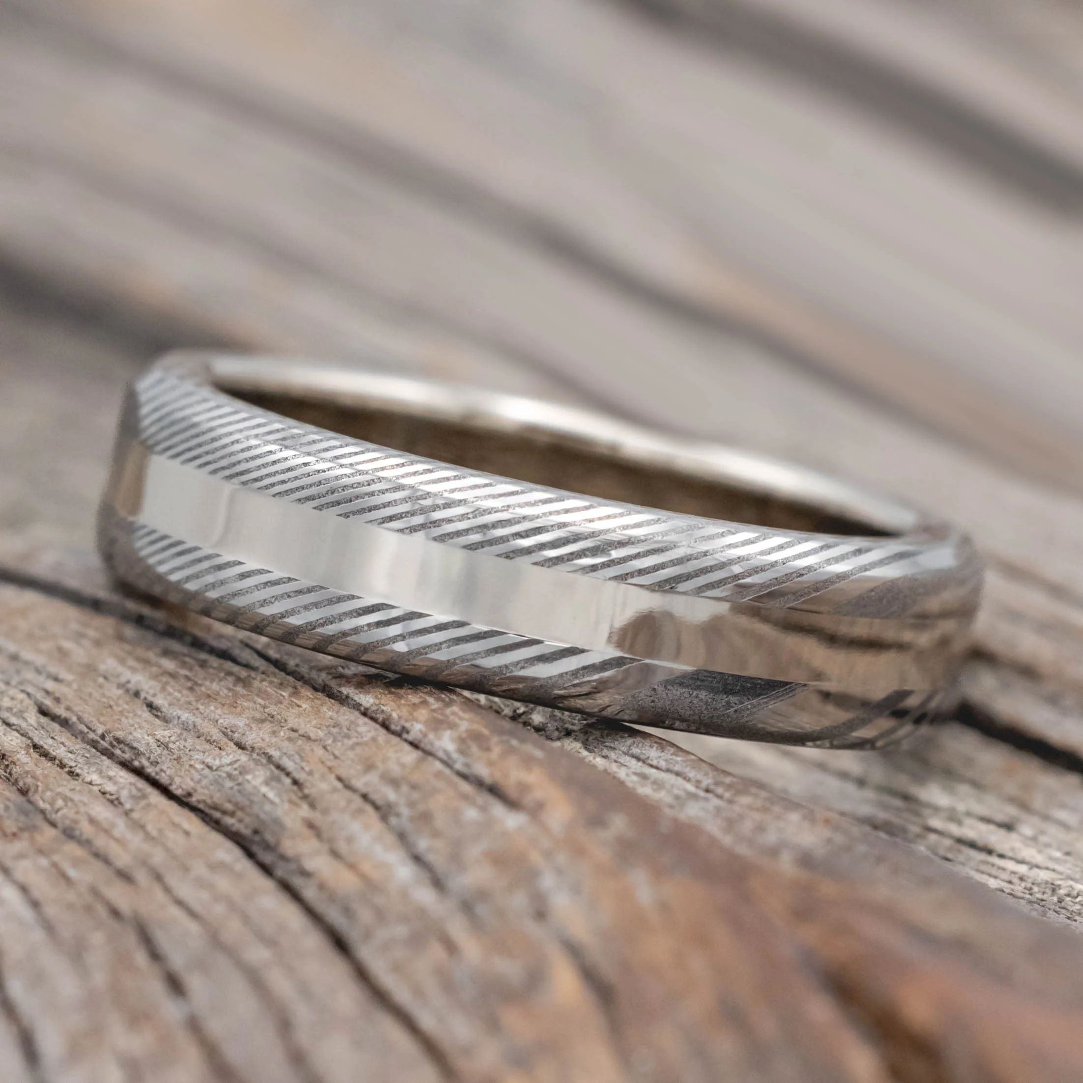 "NIRVANA" - ETCHED DAMASCUS STEEL & 14K GOLD INLAY WEDDING BAND - Image 8